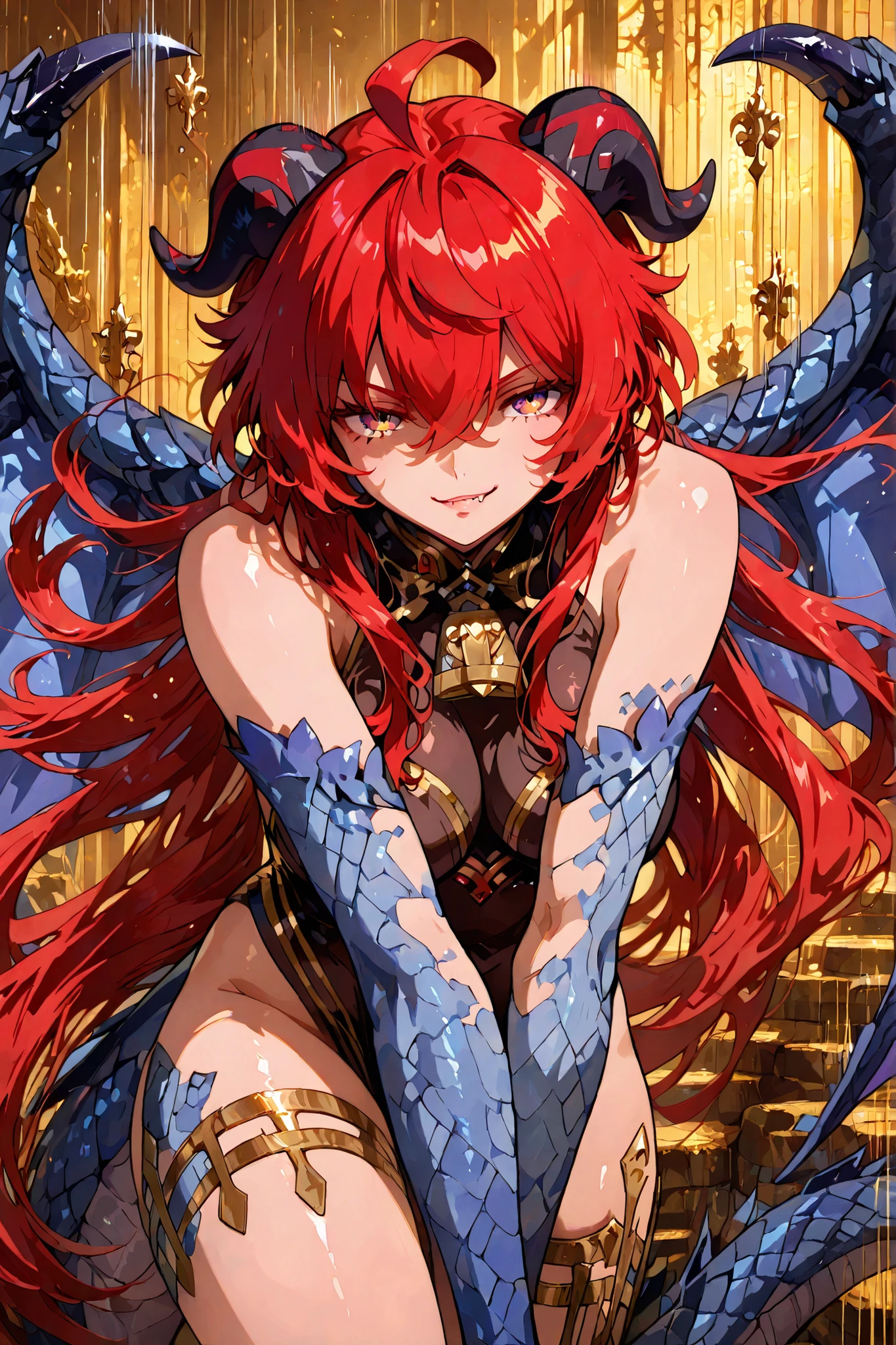 748cmstyle,Ganyu, (beautiful girl : 1 . 3) , (ARW), 1girl, Shiny skin,Highest Quality,masterpiece, ultra high res, 1girl pose forward fighting, dragon-girl, big dragon wings, fang and claws,, scaled skin"
skin full Covered with scales, shimmering with eerie light, sensual smirk, very long long wawy red hair, light golden anime eyes, looking at viewer, very detailed idyllic atmosphere. very detailed, motion lines., relaxed expression, , soft lighting, detailed character designs, anime style,.motion lines, absurdres, highres