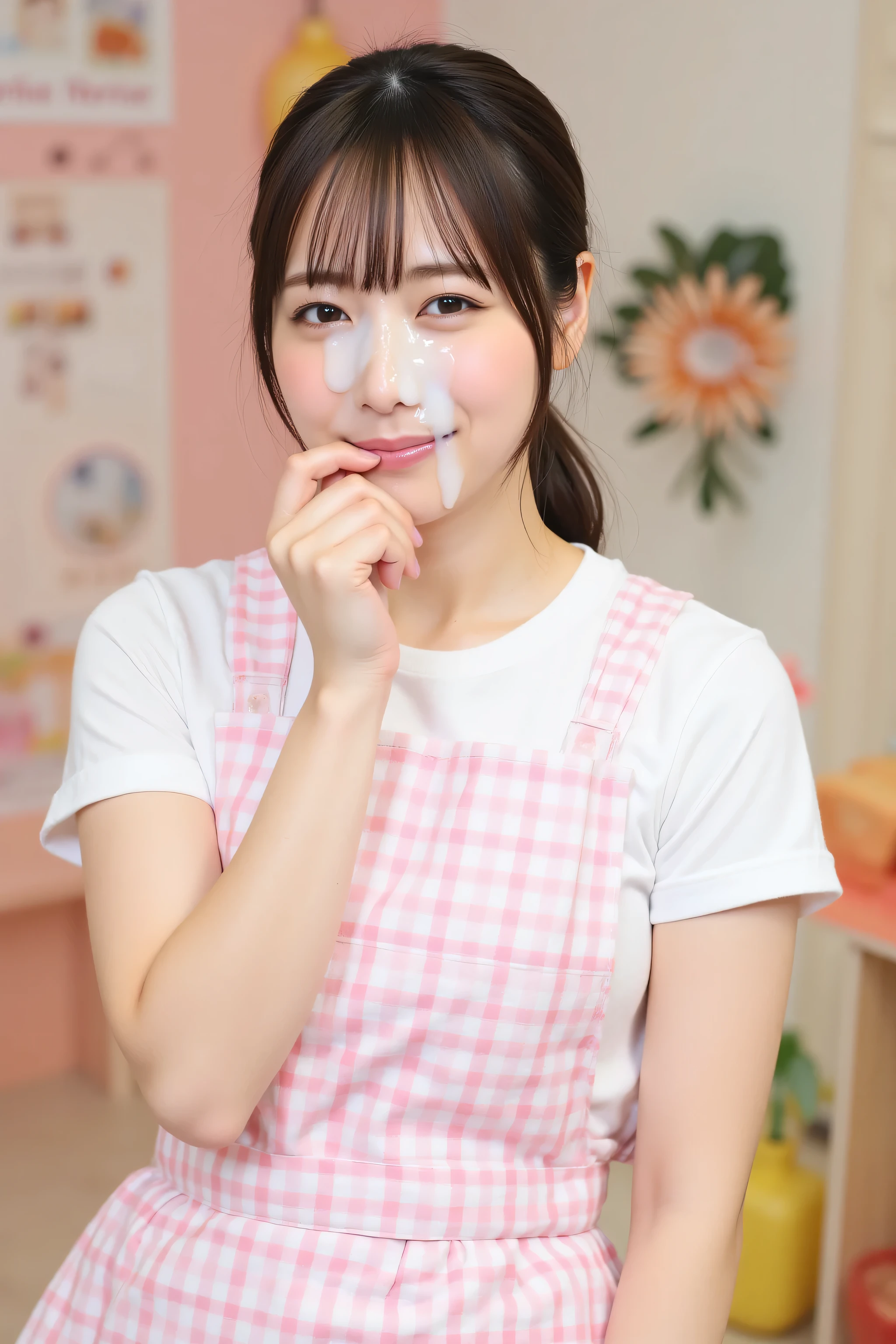 (and above、best masterpiece、8k、best image quality、winning works)、(Beautiful 30 year old female nursery teacher:1.1)、 (face covered in semen:1.1)、(bow holding {x} face close-up:1.2)、(long ponytail tied low at the back of the head:1.3)、dark hair、(cute white and pink checkered plaid apron:1.3)、white t-shirt、standing gracefully、 ultra high definition hair、Ultra High Resolution Glowing Eyes、Ultra High Resolution Gloss Slip、accurate anatomy、(Colorful Nursery Playroom Background:1.2)、(face close-up:1.2)、(sad expression:1.2)
