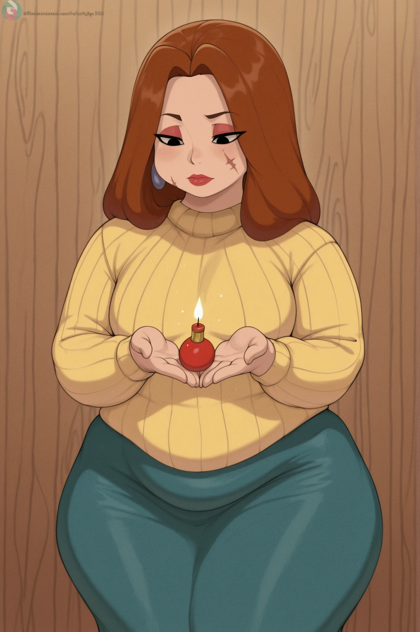 Debra, small breasts. Pale red lipstick, brown hair,black eyes, pale red makeup, long hair, thick hips, chubby, overweight, mature woman. | A toy restorer in a cozy workshop carefully mending vintage toys. The character wears a knitted sweater and a voluminous skirt, surrounded by tools, threads, and half‑restored toys. Soft warm light creates a gentle atmosphere. Some toys show visible scars being repaired; subtle magical glow hints at memory restoration. Detailed textures of fabric and wood, delicate hands at work. Wholesome, slightly whimsical mood, emphasizing care and craftsmanship. PG‑13 rating, clean visual style.