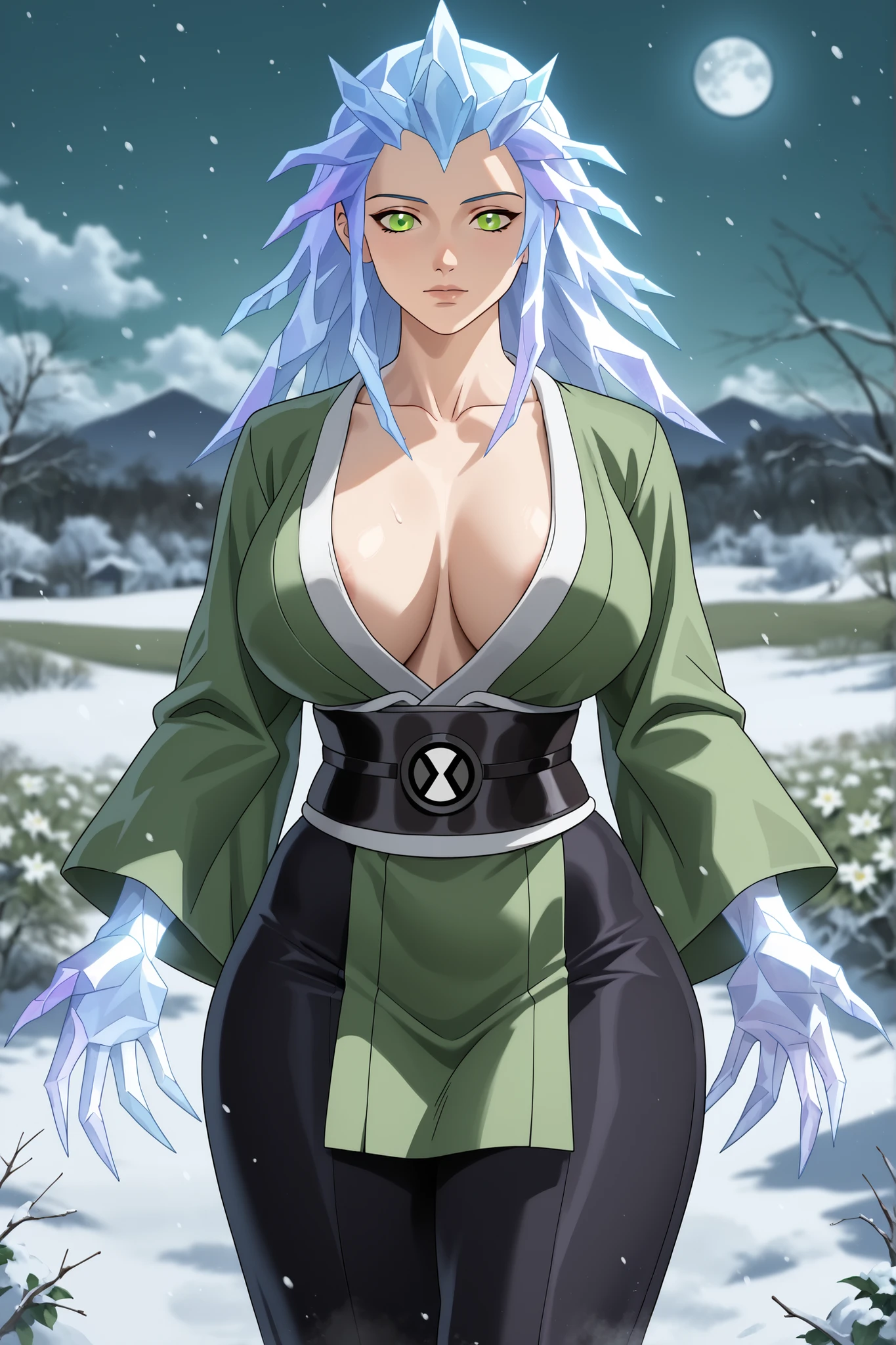{{masterpiece, ultra-high quality, professionally detailed, professionally shaded}}, PonyXLV6_Scores, single person, 1girl, huge breasts, thick thighs, wide hips, slim waist, (ice hair, glowing hair), messy hair, green eyes, pants, black pants, kimono,green kimono, claws, ice claws, ice fingers, standing,huge breasts, closed mouth, background flower field, at night, soft light, moon in sky, snow, snowfall, snowflake, solo , focus, dark light, light on girl, shadows, blurry background, ice hands, ice fingers, ice claws, ultra detailed breasts, black Obi, ben10,zPDXL3, belt, green robes,((robes))