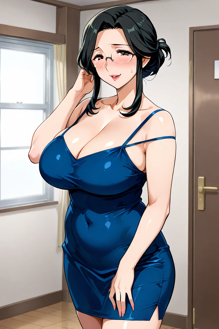 Beautiful Japanese mature women of the best quality,  housewaife , mother , seductive women , milf face, hands on apron, lewd expression, naughty face, very pronounced curves, perverted, mini fold, close mouth, waist up shot, very tall thight, hair over one eyes, low-tied, chignon hair, background detail, blue eyes, dark blue hair, huge breasts, lips, cleverage, mature women,  high detailed, best quality, upper body,