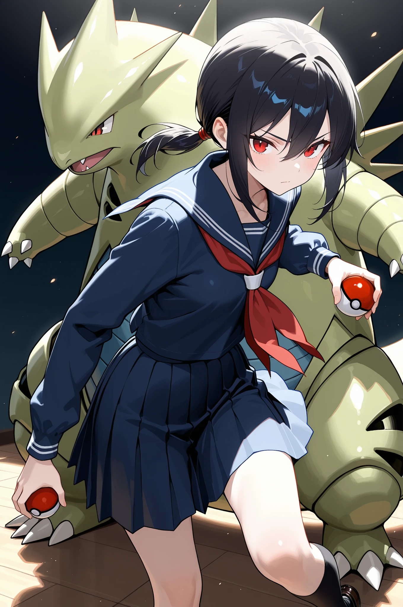 masterpiece, best quality, highres, ultra-detailed, extremely detailed, sharp focus, 8k, UHD, cinematic lighting, beautiful lighting, soft shading, shading, sharp lines, anime style, perfect anatomy,
beautiful girl, 1girl, straight hair, long black hair, long low ponytail, bangs between eyes, sidelocks, red eyes, Black hair tie, (tsurime:0.8), slim, 15 years old, (Small breasts:0.5), navy blue long-sleeved sailor uniform, red neckerchief, black socks, leather shoes, serious, holding a poke ball in his hand, tyranitar,