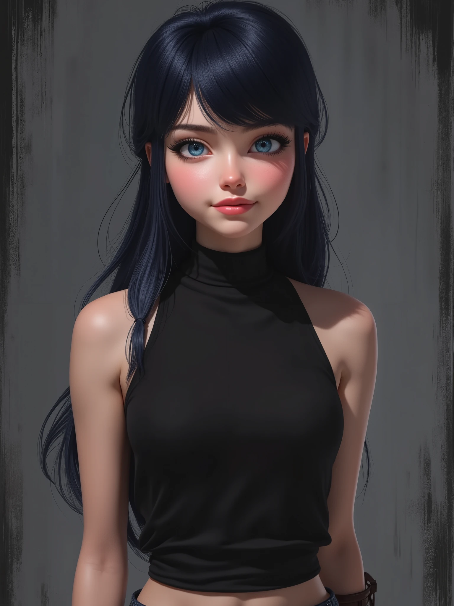 realistic cartoon, marinette Dopanchan, A very beautiful and cute 22 year old woman. (Sharp focus on the face:1.5), (blue eyes:1.5), (((western eyes))), (extremely detailed blue eyes:1.5), (((beautiful eyes, beautifully detailed eyes))), (((delicately detailed thin pink lips))), (((long hair))), (thin waist), (perfect thighs:1.5), (perfect body:1.5), (perfect anatomy), (anatomical correct). (jet-black medieval style sleeveless t-shirt:1.5), (dark_blue medieval style leather warrior pants:1.5), deep gaze, slight smile. (((The background is dark_gray and painted with expressive, visible textures using dynamic brushstrokes and strokes that add depth and movement. The paint covers only the area just behind the subject. The outer edges of the image with black margins, as if the background had been painted with a brush and with expressive and visible textures using dynamic brushstrokes and strokes fading toward the edges creating a modern and artistic vignette effect))). Cinematic lighting, vibrant colors, (cowboy shot:1.5, standing:1.5), (full body view), looking at the viewer, dynamic pose, graceful pose, soft depth of field, (masterpiece:1.5), (best quality:1.5), (((high resolution, top quality, high quality, UHD, 16k quality))), clear image, sharp focus, no blur, film grain, bokeh.