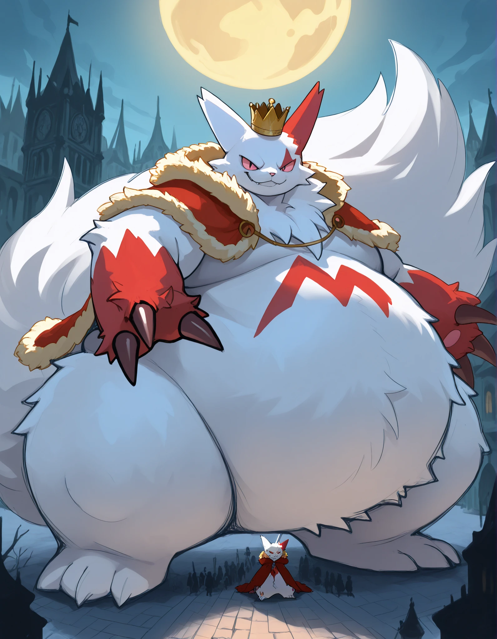 full body, furry, zangoose, wide bottom, heavy bottom, wided legs, long digitigrade leg, giant pearshape body, no nipple,detailed face,4k ultfigurelity, (4k half body view:1.0),(detailed face),ultra high detailed body,feral zangoose,enormous body,long tail,thick tail,big tail,(smaller head),(enomorous body),hyper tail,fluffy tail,(gigantic body),fluffy belly,white belly fur,royal cloak,crown,evil smiling,(obese),belly overhang,cartoon style,(sketch style),side view,light color,macro,giga,in a medieval city