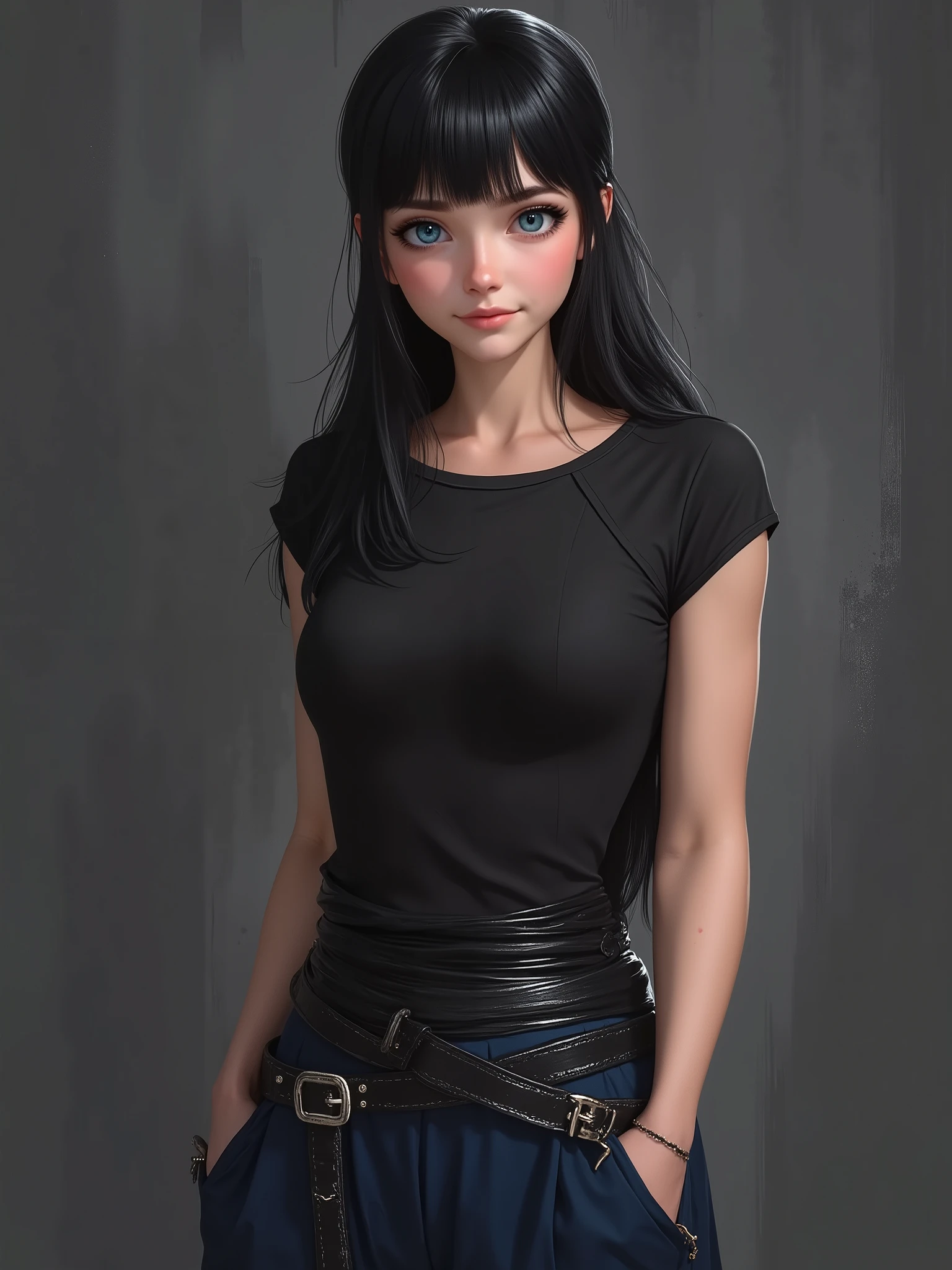 realistic cartoon, marinette Dopanchan, A very beautiful and cute 22 year old woman. (Sharp focus on the face:1.5), (blue eyes:1.5), (((western eyes))), (extremely detailed blue eyes:1.5), (((beautiful eyes, beautifully detailed eyes))), (((delicately detailed thin pink lips))), (((long hair))), (thin waist), (perfect thighs:1.5), (perfect body:1.5), (perfect anatomy), (anatomical correct). (jet-black medieval style sleeveless t-shirt:1.5), (dark_blue medieval style leather warrior pants:1.5), deep gaze, slight smile. (((The background is dark_gray and painted with expressive, visible textures using dynamic brushstrokes and strokes that add depth and movement. The paint covers only the area just behind the subject. The outer edges of the image with black margins, as if the background had been painted with a brush and with expressive and visible textures using dynamic brushstrokes and strokes fading toward the edges creating a modern and artistic vignette effect))). Cinematic lighting, vibrant colors, (cowboy shot:1.5, standing:1.5), (full body view), looking at the viewer, dynamic pose, graceful pose, soft depth of field, (masterpiece:1.5), (best quality:1.5), (((high resolution, top quality, high quality, UHD, 16k quality))), clear image, sharp focus, no blur, film grain, bokeh.