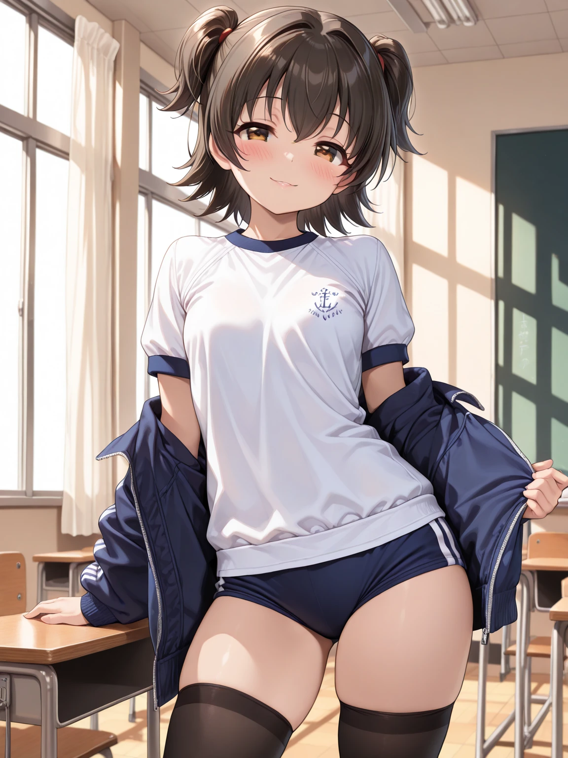 gym storeroom, bob cut、short cut hair、black hair、brown eyes, straight hair、13 year old girl、clenched fist、white 、white gym uniform、 peeping, good, Wet, from below、Folded up gym clothes、、、small breasts、embarrassing