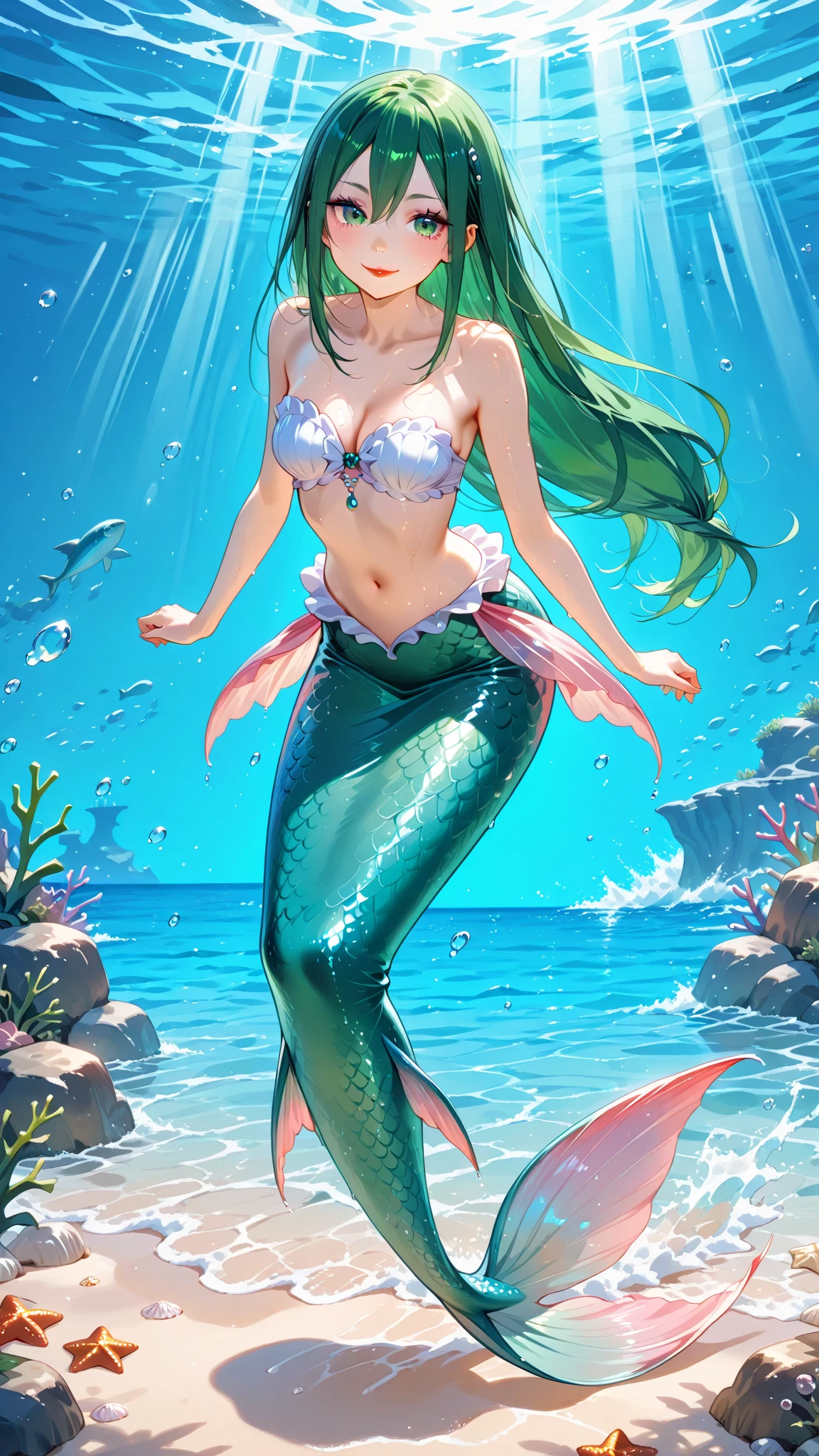 masterpiece, best quality:1.2), 1girl, smile, looking at viewer, green eyes, short brown hair, green hair, mermaid, mermaid girl, wearing purple seashell bra, laying on beach, colorful mermaid tail, outdoors, head fins, fin ears, under cherry blossoms, conjoined, (two heads: 1,5), two-headed