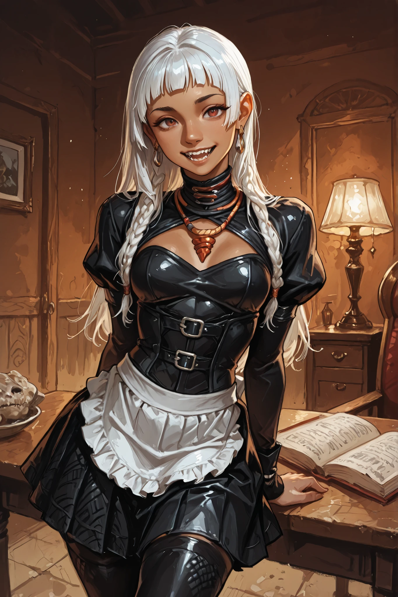 woman looks like a mix of Elena and Cammy from Street Fighter 6. bronze-colored and brown skin. She has a horizontal scar over her nose. She has sharp teeth. pointed fangs in her mouth. your body is athletic, with muscles and abs. B-Cup. Sie hat rote, schmale, asiatische Augen, A pretty, volles, soft and young face and white braids. The Inca clothing is made from the finest latex (Schlangenhaut-Optik) is a black maid dress with pleated skirt, black opera gloves, belted corset, puffed sleeves, high stockings and everything made from the finest black latex with snakeskin pattern, Also white ruffles and a white apron made of silk, and an amber necklace. atmospheric lighting. looks at the viewer. She has an innocent and open smile with lots of sharp teeth. Keine Tiere im Bild. Hintergrund: spanischer, medieval salon, strong lineart, hdr, hdr colours, semi-realistic, creepy atmosphere, keine Monster, hdr colours. Sharp. HD. Fake box art.