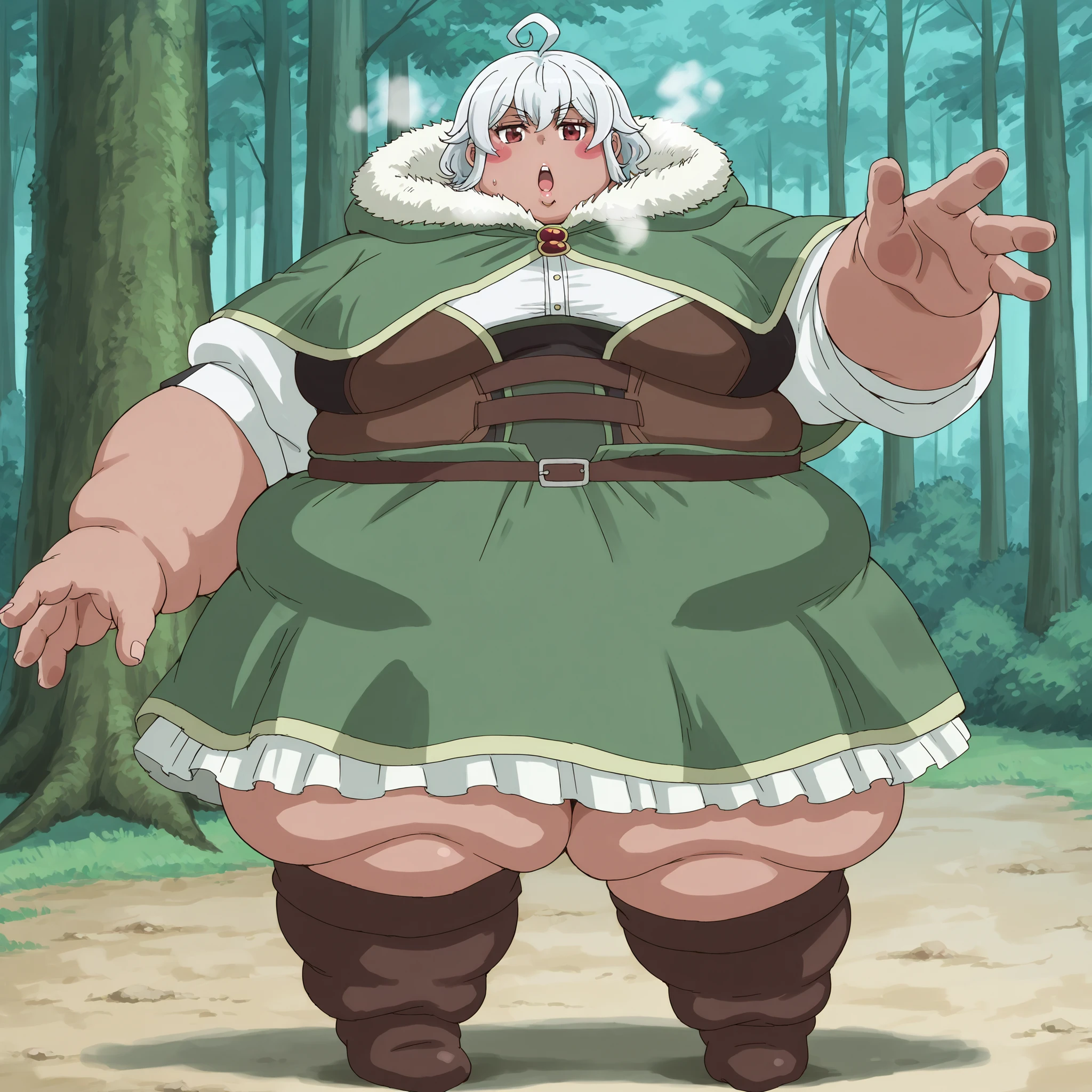 eris-mlf, red eyes, blush stickers, short hair, ahoge, dark-skinned female, white hair, looking at viewer, eris-default-outfit, cloak, breasts, fat, chubby, obese, fat neck, multiple chins, big breasts open mouth, out of breath, Larger female, full body shot, only head, large head, oversized limbs, large hands, large feet, oversized feet, oversized fingers, big lips, plump lips, fat face, fupa, big fupa, fat fupa, 