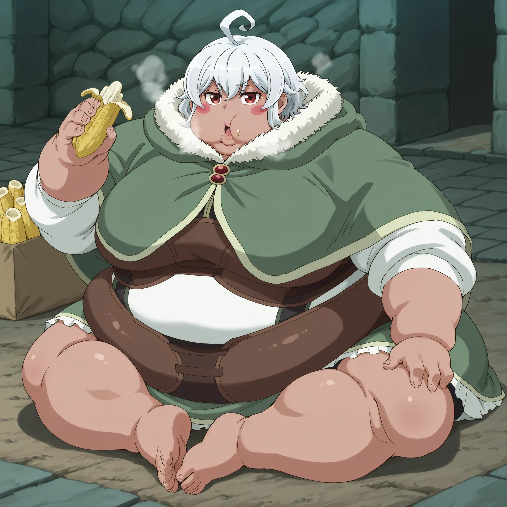 eris-mlf, red eyes, blush stickers, short hair, ahoge, dark-skinned female, white hair, looking at viewer, eris-default-outfit, cloak, breasts, fat, chubby, obese, fat neck, multiple chins, big breasts open mouth, out of breath, Larger female, full body shot, only head, large head, oversized limbs, large hands, large feet, oversized feet, oversized fingers, big lips, plump lips, fat face, fupa, big fupa, fat fupa, sitting down on floor, eating bananas 
