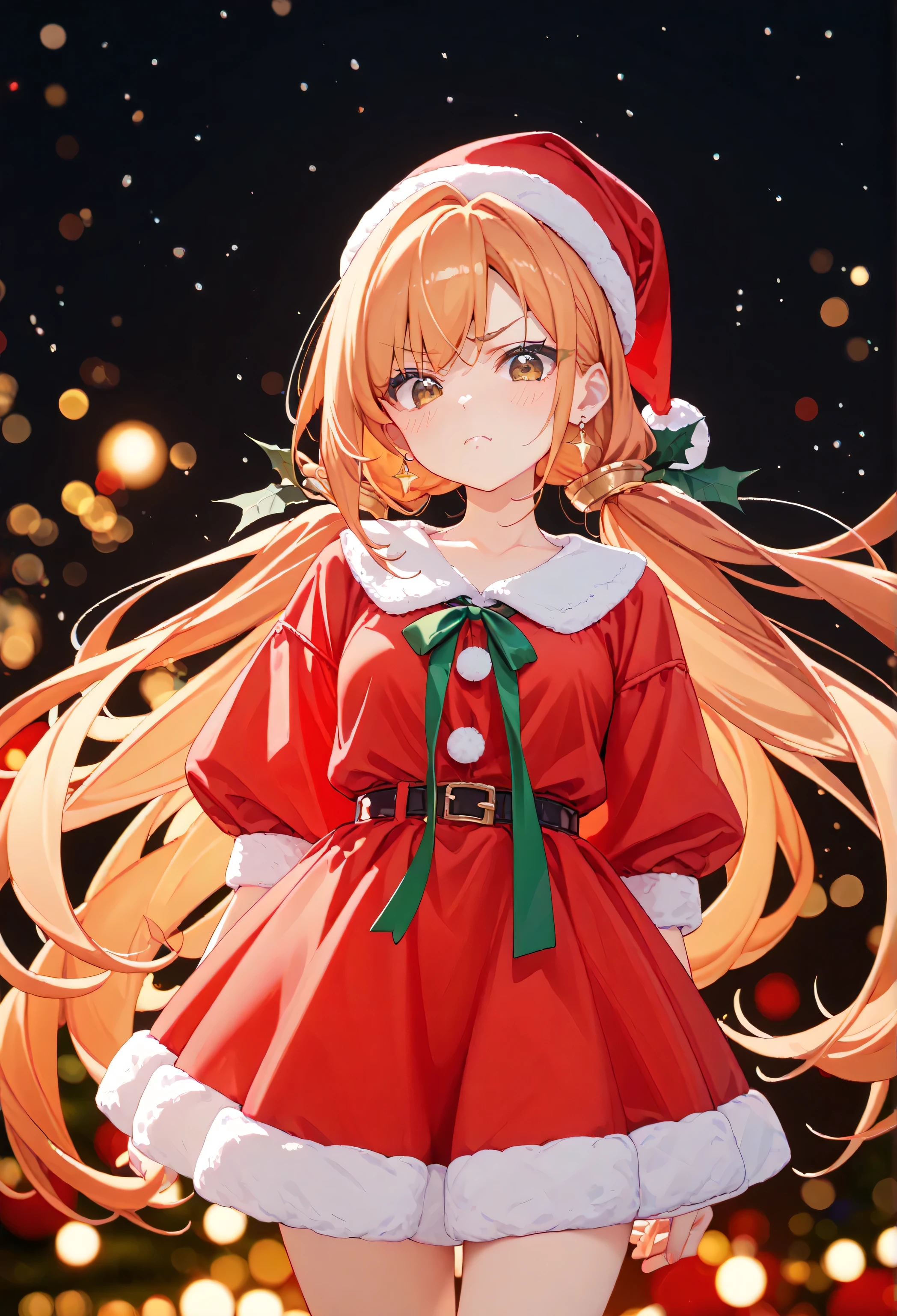 Christmas, 1girl, solo, red santa dress, santa hat,dress, looking at viewer, jewelry, red ribbon, bangs, earrings, boots, karane_inda, brown eyes, orange hair, very long hair, low twintails, green ribbon, hair ribbon, tsundere,