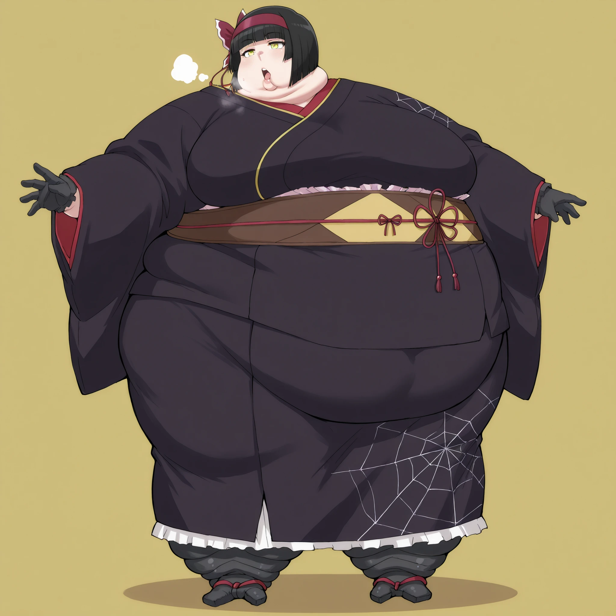 mio-mlf, black hair, short hair, blunt bangs, bob cut, bangs, yellow eyes,
japanese clothes, kimono, bow, black gloves, breasts, fat, chubby, obese, fat neck, multiple chins, big breasts open mouth, out of breath, Larger female, full body shot, only head, large head, oversized limbs, large hands, large feet, oversized feet, oversized fingers, big lips, plump lips, fat face, fupa, big fupa, fat fupa,