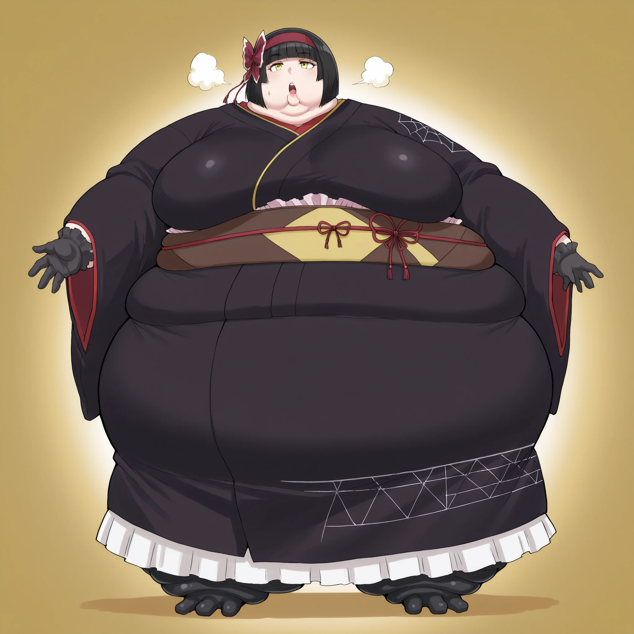 mio-mlf, black hair, short hair, blunt bangs, bob cut, bangs, yellow eyes,
japanese clothes, kimono, bow, black gloves, breasts, fat, chubby, obese, fat neck, multiple chins, big breasts open mouth, out of breath, Larger female, full body shot, only head, large head, oversized limbs, large hands, large feet, oversized feet, oversized fingers, big lips, plump lips, fat face, fupa, big fupa, fat fupa,