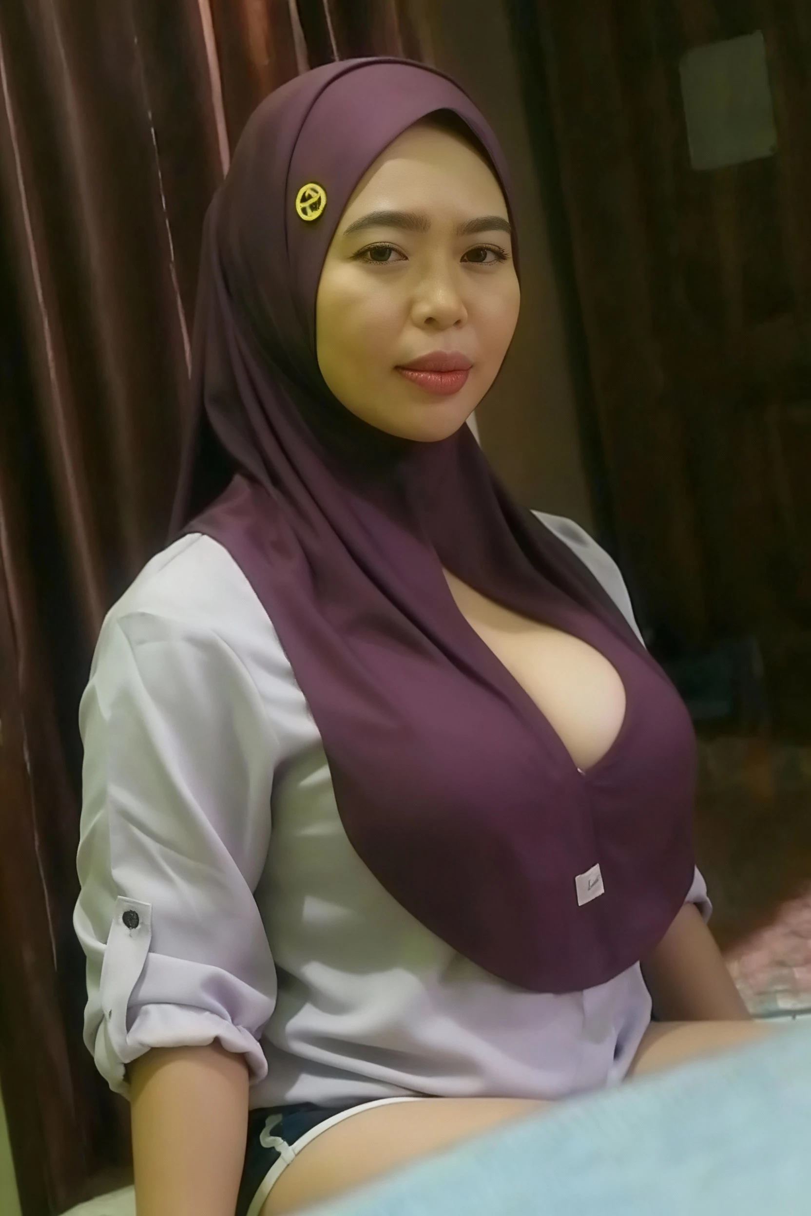 1girl,hijab, fat, cubby, , malay girl,rope,standing, bound, smile,curled up,,bound arms,arms behind back,deep skin,masterpiece,best quality,highly detailed, 