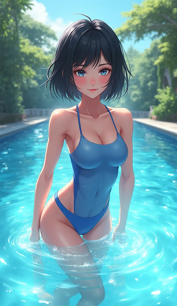 ((ultra quality)), ((tmasterpiece)), mavis dracula, ((Black, Short Hair Hair)), (Beautiful cute face), (beautiful female lips), Charming, ((sexy facial expression)), looking at the camera smiling softly, eyes are slightly closed, (Skin color: white), Body glare, wet body ((detailed beautiful female eyes)), ((dark blue eyes)), (juicy female lips), (beautiful female hands), ((perfect female figure)), perfect female body, Beautiful waist, Gorgeous hips, Beautiful medium breasts, ((Subtle and beautiful)), seductively worth it (close-up of the face), (dressed in a sexy swimsuit) background: near the pool in the backyard, Hot day, ((Depth of field)), ((high quality clear image)), (crisp details), ((higly detailed)), Realistic, Professional Photo Session, ((Clear Focus)), the anime