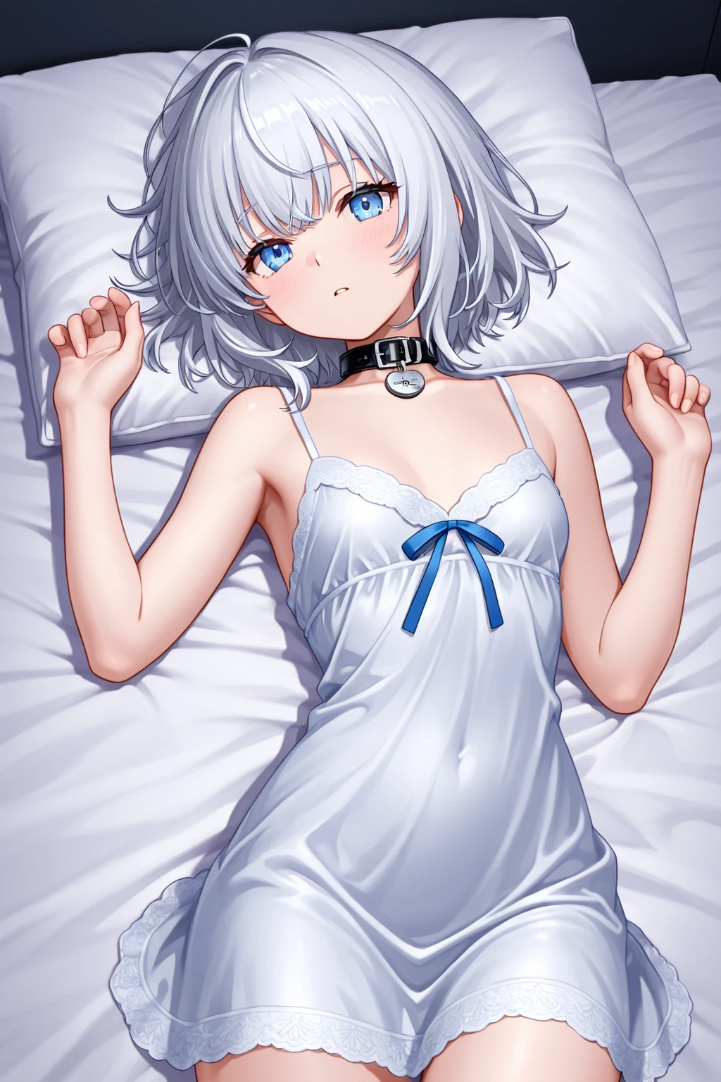 Masterpiece, Top Quality, Super Detail, 8K, Detailed Light, Detailed Shadows, RAW, (Detailed Skin), (Real: 1.2),, 1 Nordic girl, face, (9 years old), white hair, sleeping on a plush bed, night dress