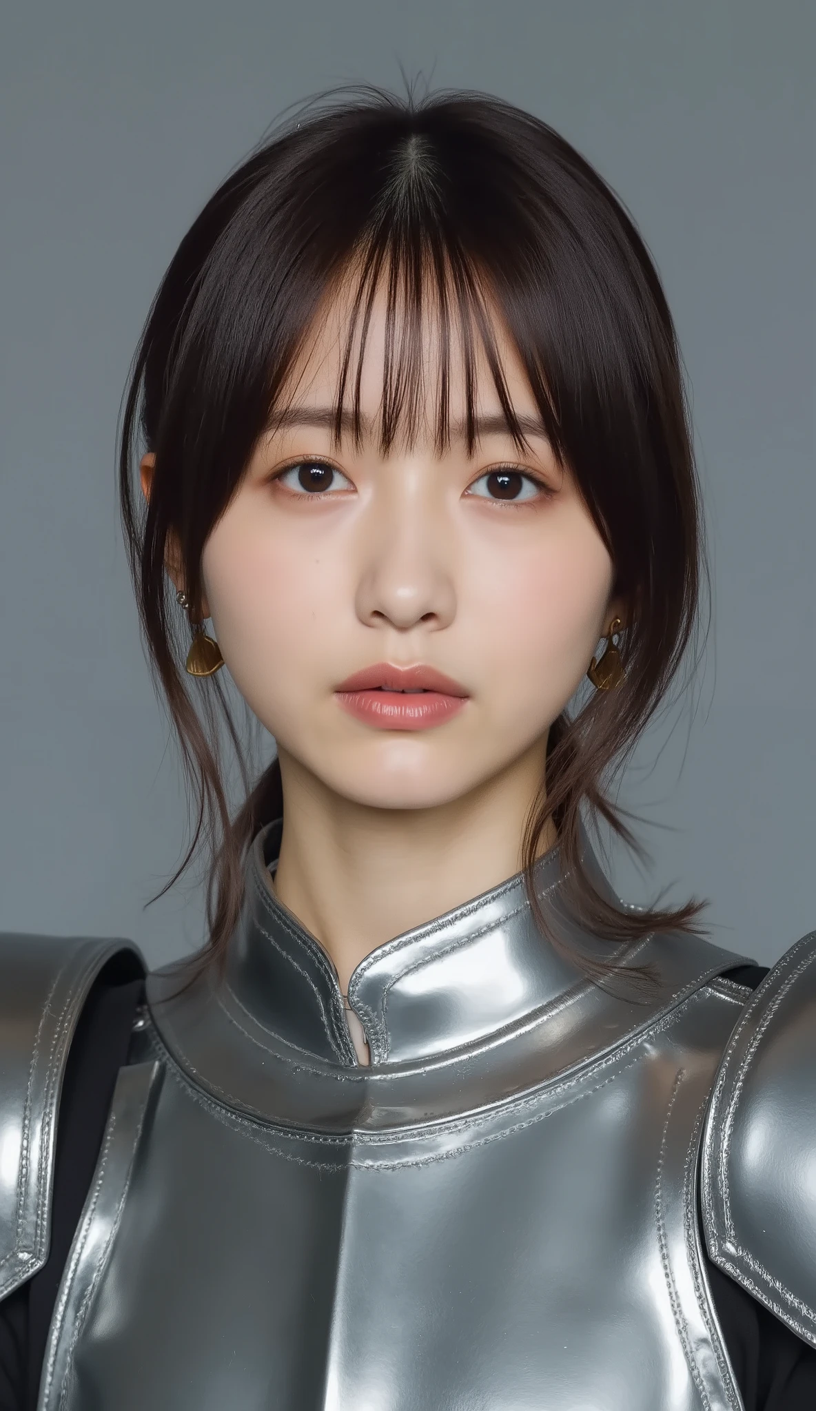 neat young woman wearing luxurious silver armor、、female knight、、、ear piercings、looking at camera、looking directly in front、前髪あり、無表情、口を閉じている、への字口、face close-up、grey background、

