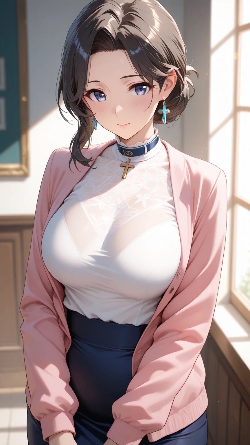 (table top, highest quality, High resolution, , perfect pixel, 4k,), 1 girl, single, alone, Beautiful woman、I could see the whole body、 ((wavy short hair, bangs, brown hair)), ((brown eyes, beautiful eyelashes, realistic eyes)), ((detailed face, blush:1.2)), ((smooth texture:0.75, realistic texture:0.65, realistic:1.1, Anime CG style)), medium breasts, dynamic angle, perfect body, ((, female teacher, , earrings、necklace、((Beige turtleneck sleeveless sweater))、Long flared skirt in dark blue、black knee high stockings、open both 、、shy smile、sit at the desk in the library、lift up the skirt with both hands)), Upper grade、、、evening、、(Pink lace  are visible、、、angle from below)、