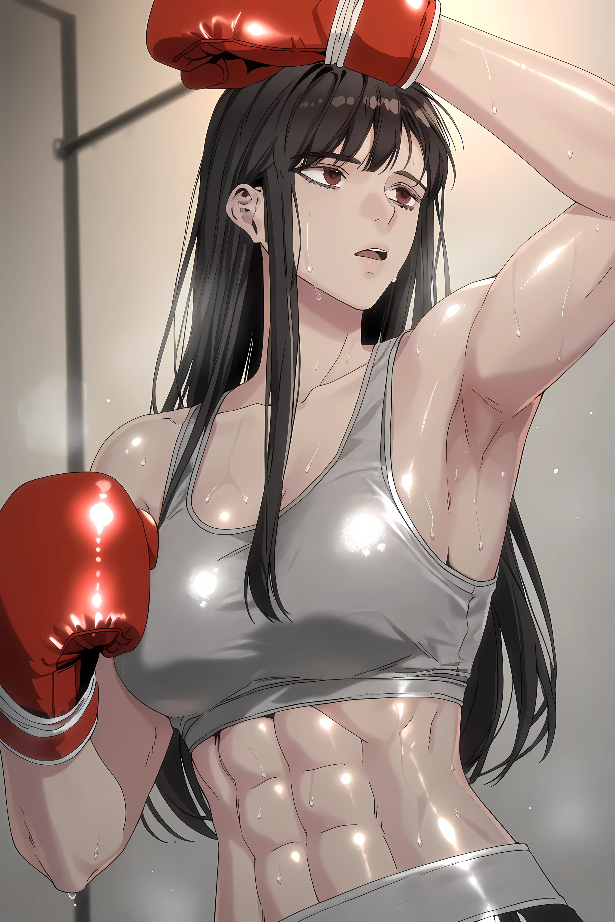 1girl, solo, young mature, ihwa, long hair, red eyes, black hair, ringed eyes, sidelocks, (ringed eyes:0.8), medium , toned female, abs, shiny body, sports bra, boxing gloves, sweating, showing armpits,sexy pose, open mouth