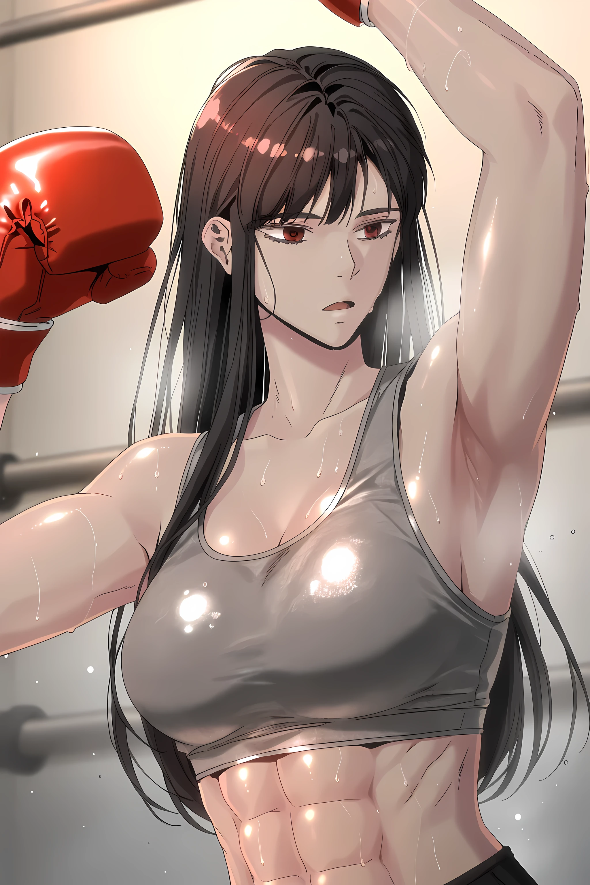 1girl, solo, young mature, ihwa, long hair, red eyes, black hair, ringed eyes, sidelocks, (ringed eyes:0.8), medium , toned female, abs, shiny body, sports bra, boxing gloves, sweating, showing armpits,sexy pose, open mouth