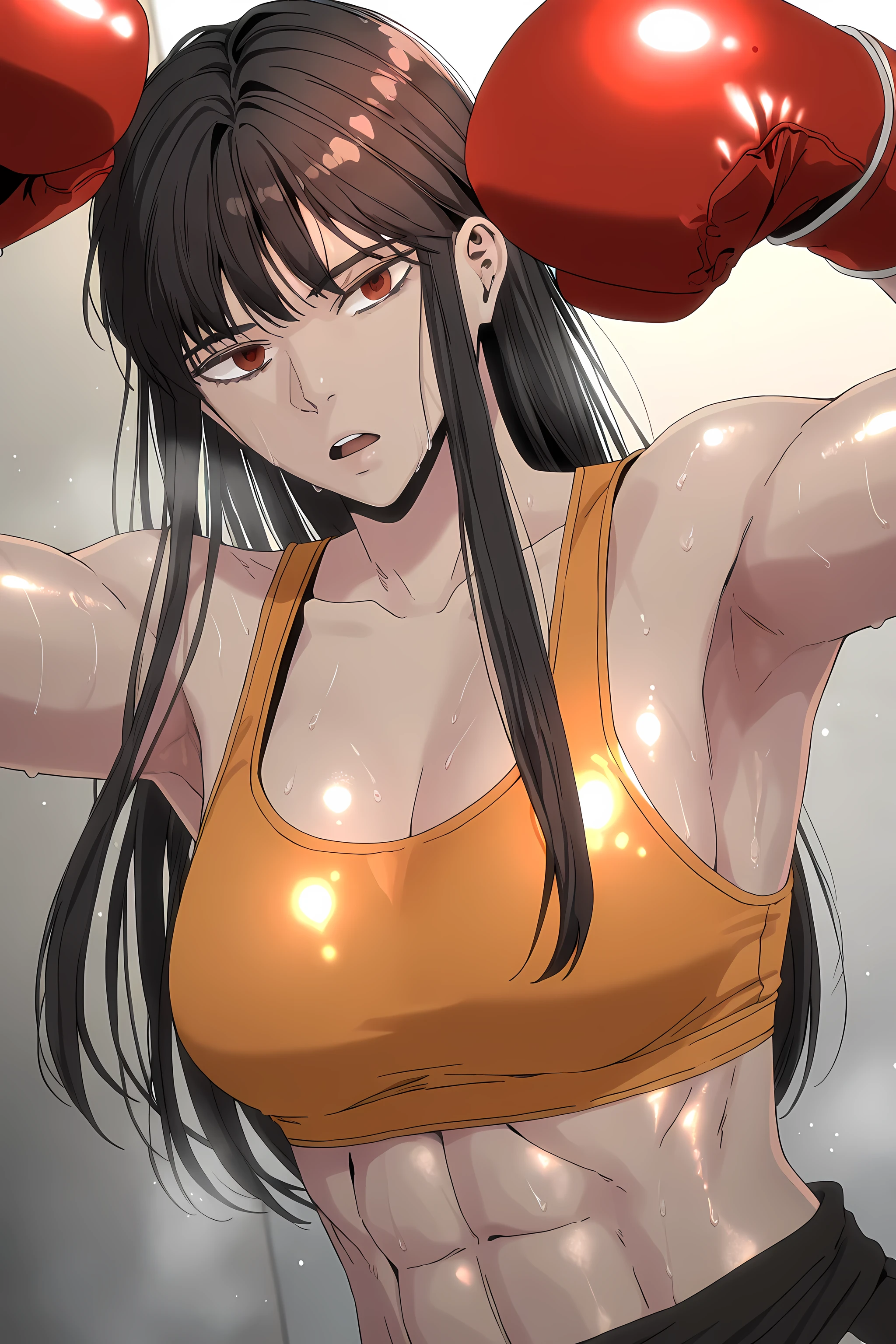 1girl, solo, young mature, ihwa, long hair, red eyes, black hair, ringed eyes, sidelocks, (ringed eyes:0.8), medium , toned female, abs, shiny body, sports bra, boxing gloves, sweating, showing armpits,sexy pose, looking at viewer, open mouth