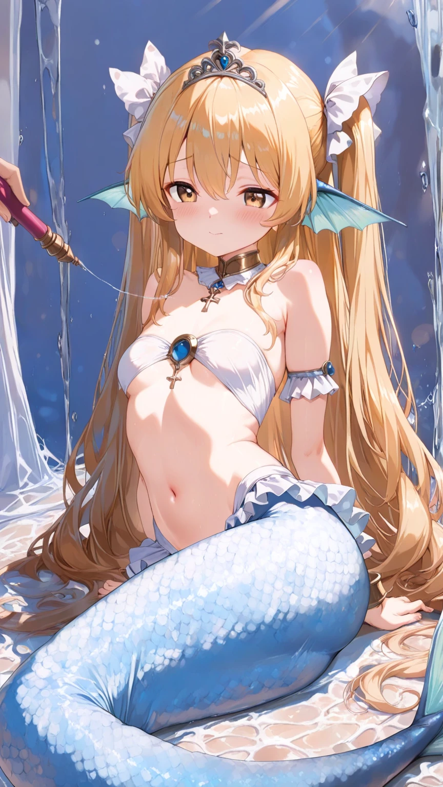 ((Highest quality、High resolution))、Beautiful woman、Perfect body、Beautiful and bountiful breasts、(tits、Nipples、Pussy、Love juice、No panties)、long blond、bangs、Blue and white、Embellished blue  dress、skirt、((Having sex、rape、A woman being  by tentacles、Being held captive by tentacles))、Outdoor Scenery、((Frightened expression))