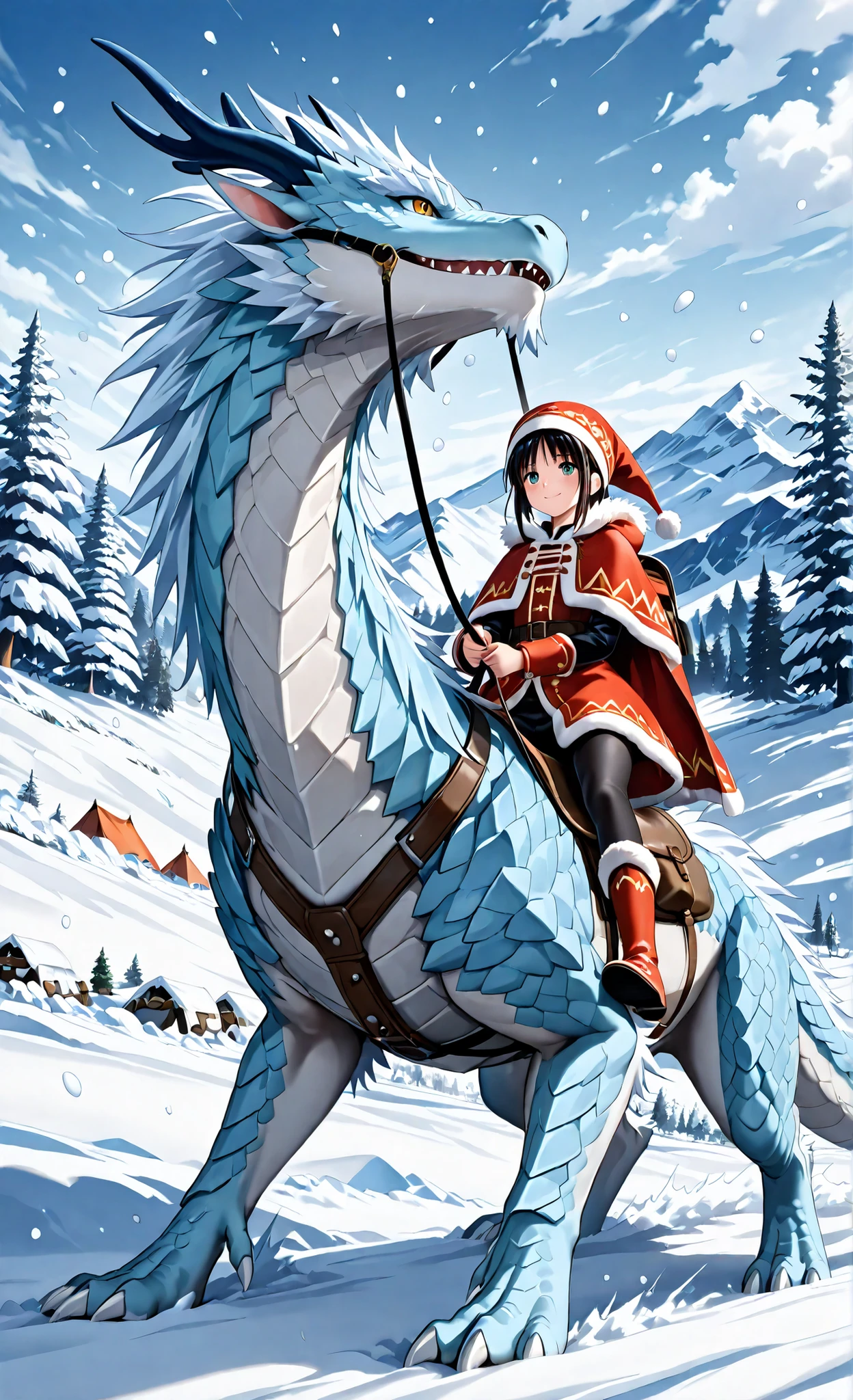 (masterpiece, best quality, detailed, anime style, fantasy illustration),
young nomadic girl, exotic nomad clothing with fur and leather, colorful ornaments,
standing in snowy mountains, riding or gently holding reins of a tamed dragon,
dragon large and majestic, loyal expression, frost and snow on its scales,
camp equipment like tents and saddlebags in background,
snow falling softly, dramatic fantasy atmosphere,
girl smiling confidently, bond between dragon and human emphasized