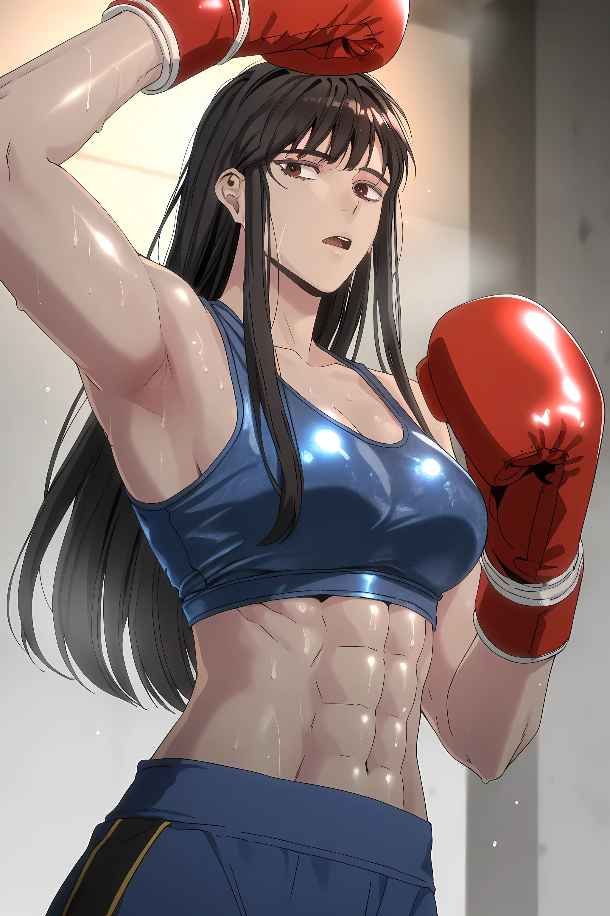 1girl, solo, young mature, ihwa, long hair, red eyes, black hair, ringed eyes, sidelocks, (ringed eyes:0.8), medium breast, toned female, abs, shiny body, sports bra, boxing gloves, sweating, showing armpits,sexy pose, looking at viewer, open mouth