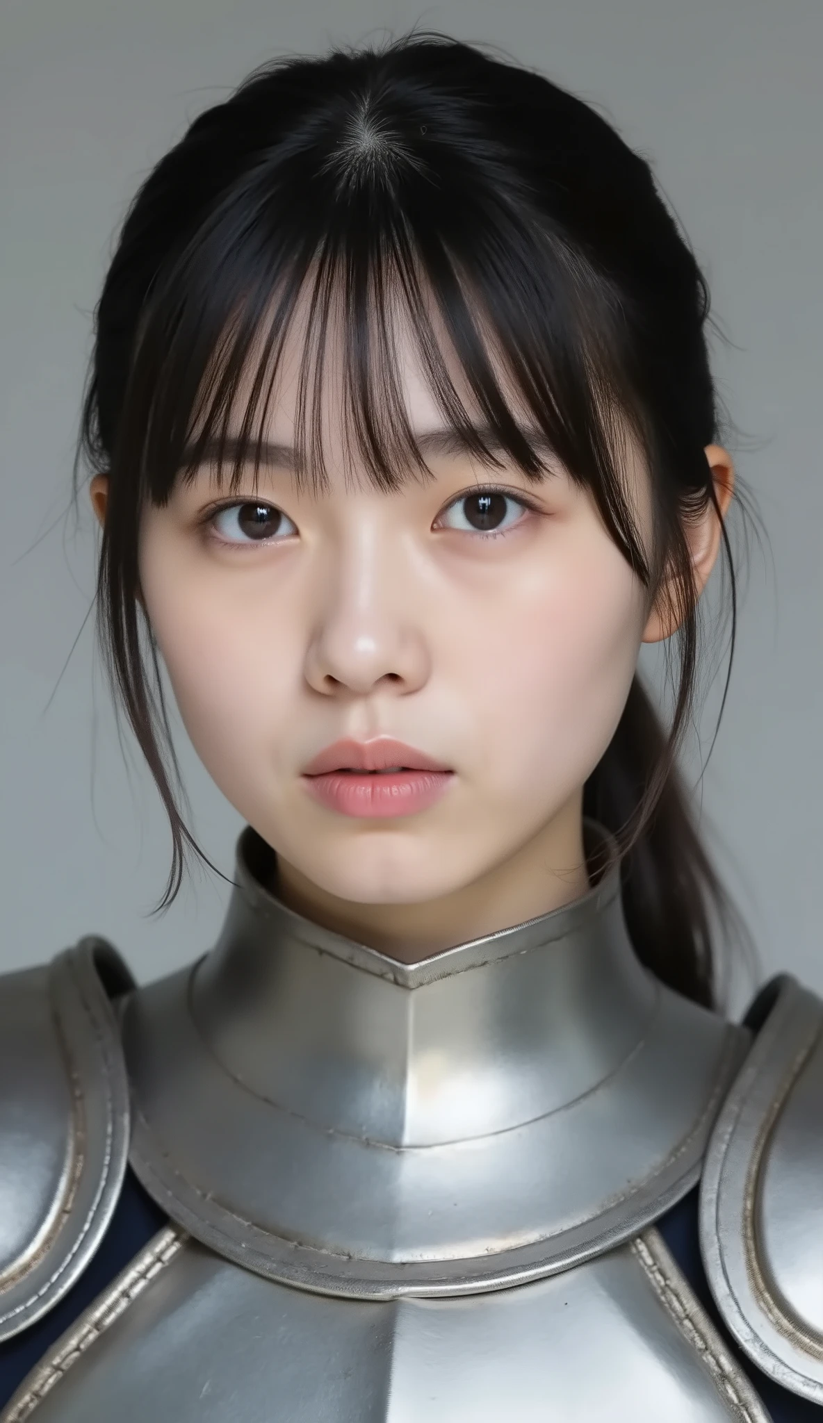 neat young woman wearing luxurious silver armor、、female knight、、、ear piercings、looking at camera、looking directly in front、歯を見せた笑顔、、face close-up、grey background、