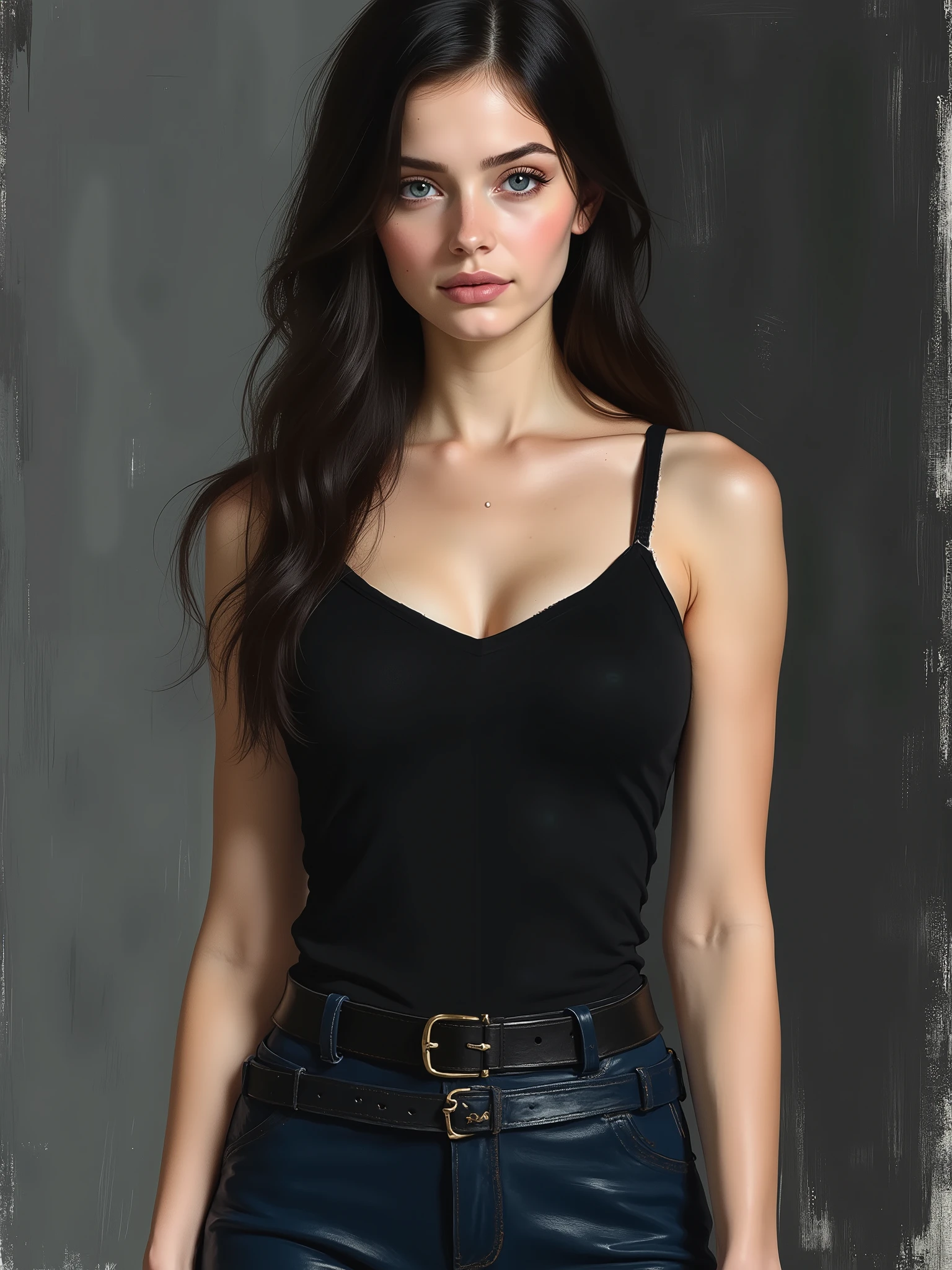 sketch painting, marinette Dopanchan, A very beautiful and cute 22 year old woman. (Sharp focus on the face:1.5), (blue eyes:1.5), (((western eyes))), (extremely detailed blue eyes:1.5), (((beautiful eyes, beautifully detailed eyes))), (((delicately detailed thin pink lips))), (((long hair))), (thin waist), (perfect thighs:1.5), (perfect body:1.5), (perfect anatomy), (anatomical correct). (jet-black medieval style sleeveless t-shirt:1.5), (dark_blue medieval style leather warrior pants:1.5), deep gaze, slight smile. (((The background is dark_gray and painted with expressive, visible textures using dynamic brushstrokes and strokes that add depth and movement. The paint covers only the area just behind the subject. The outer edges of the image with black margins, as if the background had been painted with a brush and with expressive and visible textures using dynamic brushstrokes and strokes fading toward the edges creating a modern and artistic vignette effect))). Cinematic lighting, vibrant colors, (cowboy shot:1.5, standing:1.5), (full body view), looking at the viewer, dynamic pose, graceful pose, soft depth of field, (masterpiece:1.5), (best quality:1.5), (((high resolution, top quality, high quality, UHD, 16k quality))), clear image, sharp focus, no blur, film grain, bokeh.