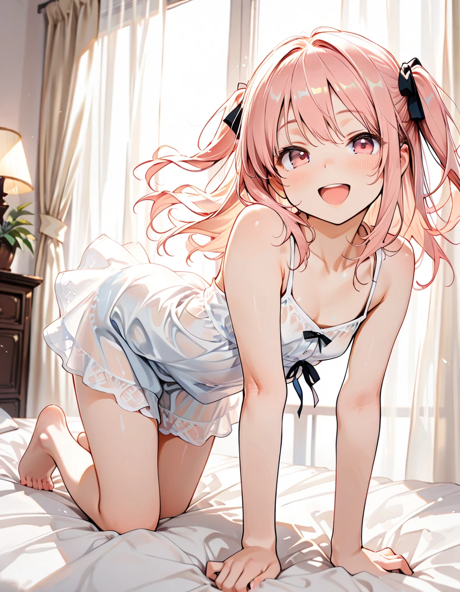 ((super master piece,super fine illustration,very aesthetic,best quality,ultra high res,insanely detailed,game cg)),BREAK,(((perfect ,perfect proportion,artstation female body))),detailed big cute eye,ligne claire,BREAK,gleaming skin,oil,BREAK,,vulgarity, appeal, presenting,craving ,get pleasure,BREAK,(cute  toddler girl,),slut gal,BREAK,small baby face,childish and super cute,(((blush))),BREAK,peerless super Bishojo,peerless super beautiful girl,super Kawaii,BREAK,low body size,short stature,slender,BREAK,(((((yumekawa kei))))),BREAK,(pinkblond hair),((two side up hair,long hair)),BREAK,((shiny glossy metaric beautiful hair,gradient hair)),BREAK,((gigantic long breasts)),((puffy ,erectile ,long ,huge , breasts)),BREAK,(yumekawa fashion),((frills)),(pink one piece lace dress),(See-through:1.4),(detached overly long bell-bottom-Moe-sleeves,ruffle thigh high knee socks,zettai ryouiki,high heels,garter belt),BREAK,love hotel,(lying on bed,arms bhind back:1.4),evening,(sweet ,show off :1.3),(dripping :1.3),