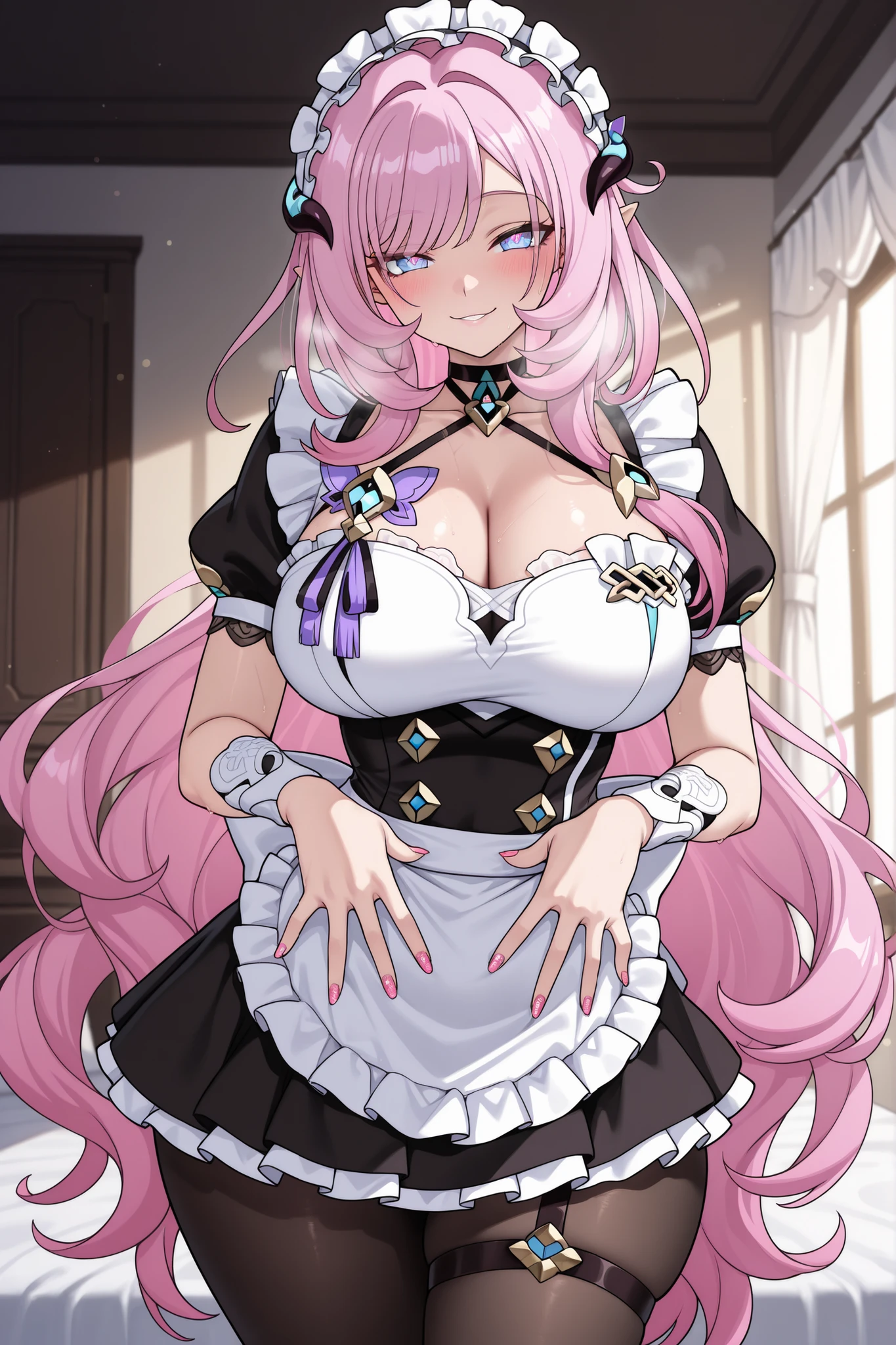 elysia_\(honkai_impact\),Mullon art style, high quality, masterpiece, best quality, 1girl, solo, gradient long straight hair let down, red glossy lips, choker with pendant, thigh strap visible, painted nails, voluptuous figure, tiny waist, curvy hips, maid uniform, maid headdress, frilly white pinafore apron, skirt, white lace trim, black pantyhose, ((very well detailed)) wavy hair, choker, ((sexy pose)), (posing), hip and thigh focus, ((breath)), indoors, in bedroom, sfw, playful dominant expression, blush on cheeks, bokeh light, blush, score_9, score_8_up, score_8, 1girl, big ass, steam, sweat, hair let down, long straight hair, huge breast, slender waist, wide hips, big ass, venus body type, ((hair let down)), ((straight long hair)), gradient hair, teasing expression, playful tease, seductive smile, looking at viewer, viewer pov, wavy hair, pantyhose, ((hair let down)), ((straight long hair)), ((wavy hair)), ((hair let down)), ((straight long hair)), ((wavy hair)), ((hair let down)), ((straight long hair)), ((wavy hair)), white gradient hair