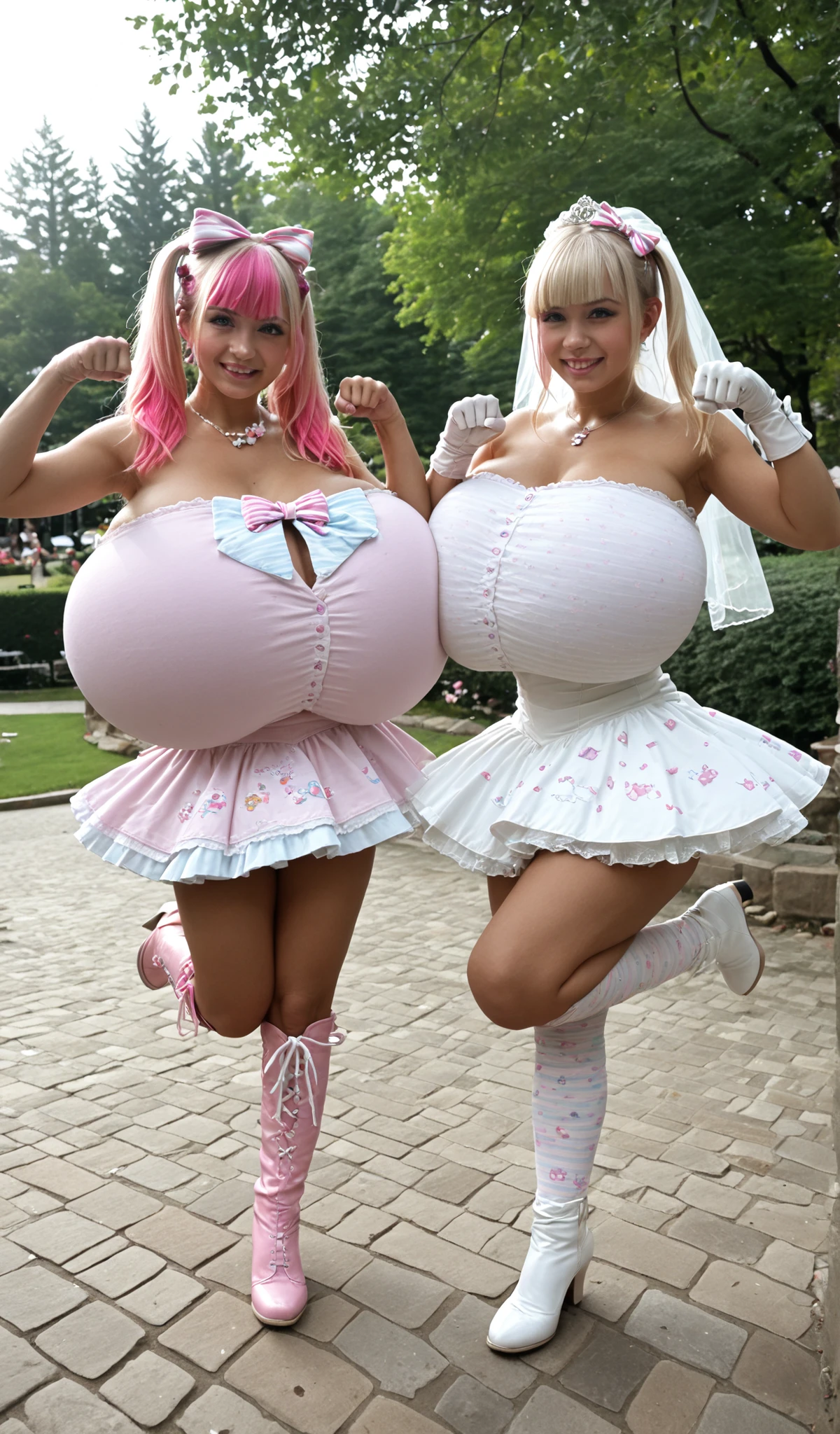 masterpiece, best quality, amazing quality, sunlight, 2girls, ((paw pose, one leg up high, dynamic angle,cinematic angle, looking viewer:1.3)), loli,shortstack, (hourglass figure), (hime cut twintail, straight bangs, pink 2tone hair), ((hyper breast, gigantic breast)), (fabric stretching over full clothed breasts, jyojifuku, print clothes,pastel color clothes, shirt, skirt, thighhighs, high boots, micro mini clothe, wedding dress,strapless dress,bridal veil,white bow,necklace,strapless dress,striped bow,hair bow,off shoulder,white gloves,hand bow, ), in park,realistic hand, CyberRealistic_Negative_PONY_V2, PA7_sdxl-Photo, GanguroGyaru,