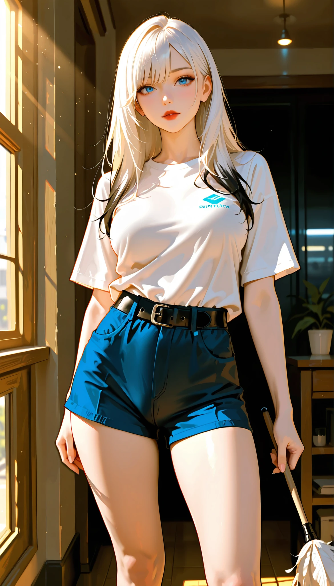 (RAW Photo), Absurdities, (Absurd Resolution)), (Hyperrealism, Photorealism), (Maximum Quality, 16k, Masterpiece, Ultra Detailed) (beautiful girl, 21 years old), (sharp pupil, blue eye), (white hair, dark highlights), (made-up, red lips), (woman wearing tight blue shorts, short-sleeved white t-shirt, black belt), (standing, beautiful perfect legs, holding a round feather duster), (background: shop windows), light rays, volumetric lighting, (Photographic Perspective). «SunPuma S»