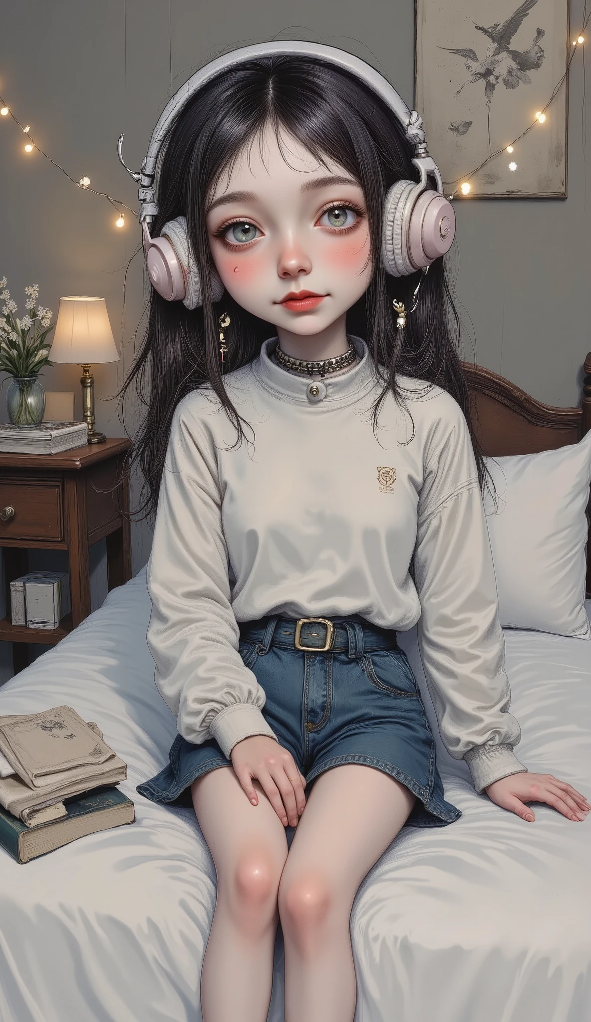 ((Low Fidelity Anime Digital Illustration Styles :1.5)), Little girl lying on her bed listening to music with headphones, books in bed , soft light garland , ambiente agradable y quiet, soft and beautiful colors , magic, quiet, cozy, claroscuro, cinematic lighting , Fujicolor, U HD , retina, masterpiece, Precise, Anatomically correct , makeup, super detail , Tall details , High quality, awarded , envelopes , Highres, 1080P, HD , 16K