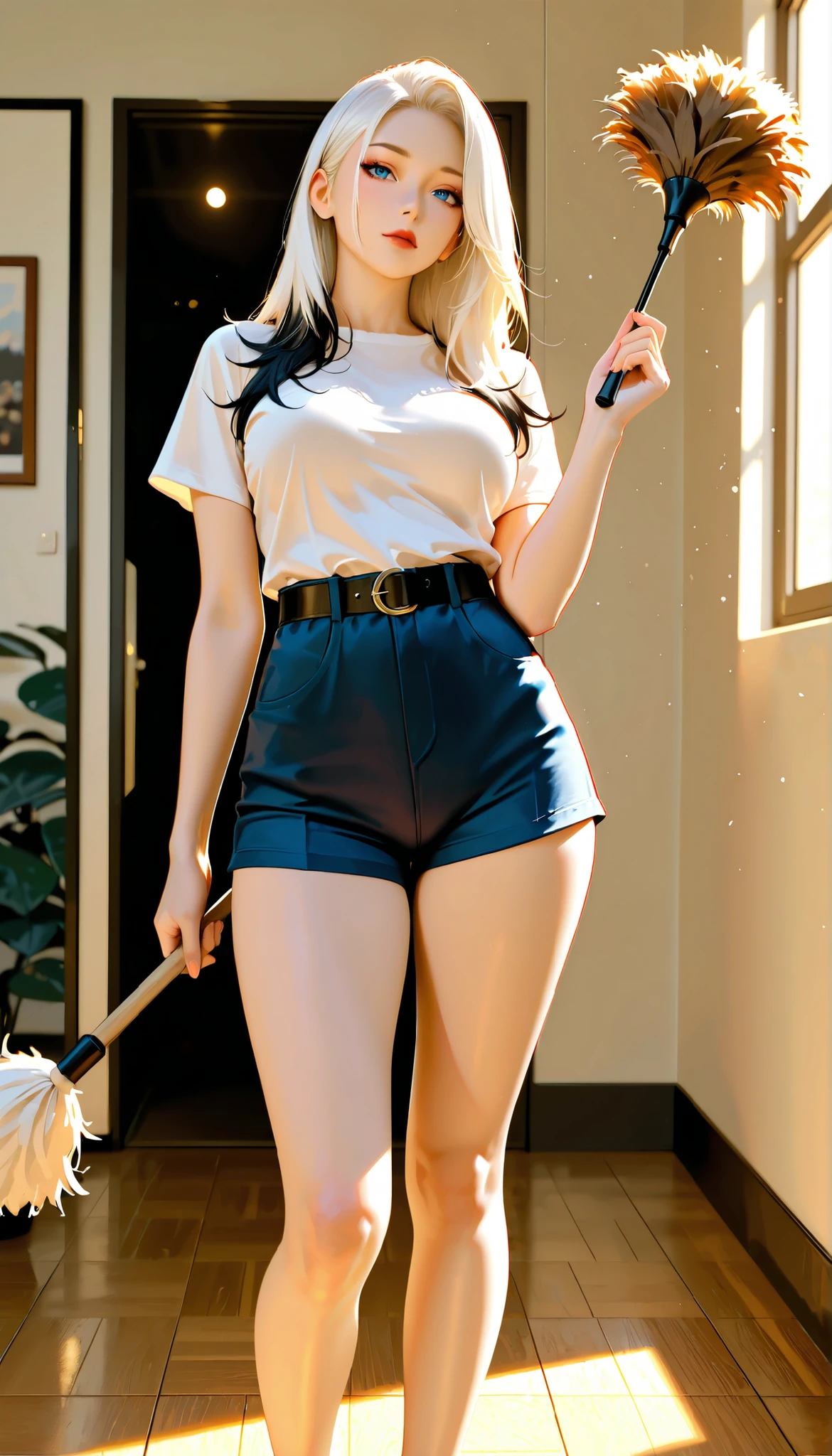 (RAW Photo), Absurdities, (Absurd Resolution)), (Hyperrealism, Photorealism), (Maximum Quality, 16k, Masterpiece, Ultra Detailed) (beautiful girl, 21 years old), (sharp pupil, blue eye), (white hair, dark highlights), (made-up, red lips), (woman wearing tight blue shorts, short-sleeved white t-shirt, black belt), (standing, beautiful perfect legs, holding a round feather duster), (background: shop windows), light rays, volumetric lighting, (Photographic Perspective). «SunPuma S»