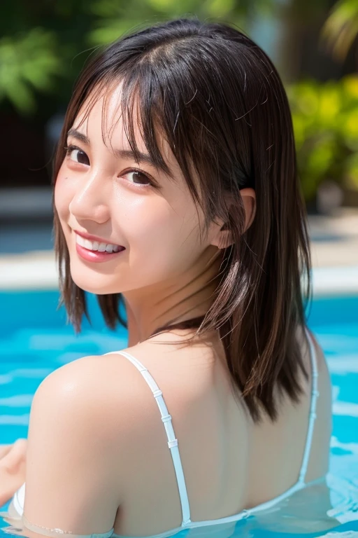 RAW image quality、8K分辨率、Ultra-high-definition CG images、Vivid and beautiful photos, Strong sunshine, ​masterpiece, top-quality, (1girl in), japanes, 13years, Solo, A smile, Embarrassing face, (Blue Sea), (The best blue sky), white clouds, Small breasts, cleavage of the breast, (Japan High School Girl Uniform), ((Wet white  blouse)), red necktie, Plaid , White tiny , (Wet and  white tiny ), ((pointed papillary shape,)), A dark-haired, short cut hair, Hair fluttering in the wind, A detailed face, Detailed eye, (Wet skin), (Wet hair), High quality water, Super Settings, SEXY Model Pose, You can see the shape of the, (((Angle from the super bottom))), (fish-eye lens), school swimming pool,