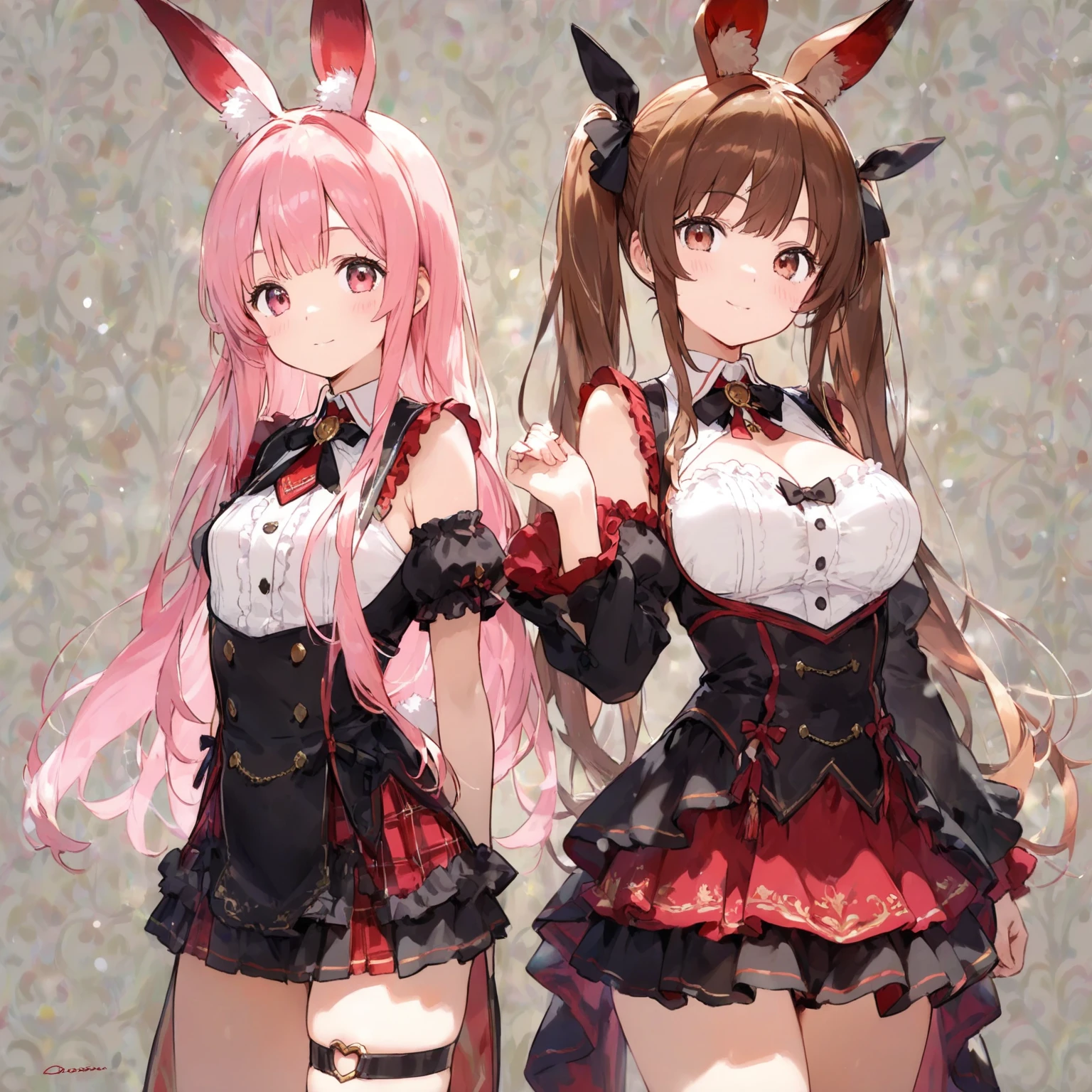 Girl, dressed as a ?????, big rabbit ears, with a bow on the throat, pink hair , flirtatious, anime styling , semi nails/long, black ????? costume 