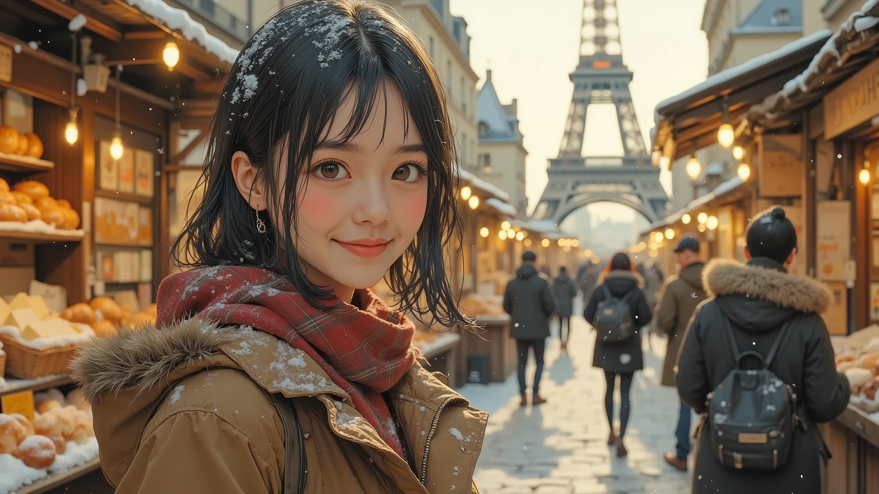 Digital art of a stunning woman smiling and joyful with heaphone in a cozy winter street market in Paris during early evening. Snow lightly dusts the roofs of wooden chalet-style market stalls on both sides of a narrow cobblestone street. Warm golden lights glow from inside the stalls, illuminating baskets of pastries, breads, cheeses, and artisanal goods. In the background, the Eiffel Tower rises softly through a hazy winter fog. A few other people stroll calmly in the distance. The atmosphere is festive and magical, with soft snowfall, warm ambient lighting, and a cinematic depth of field. The mood is charming, romantic, and wintry, with high detail, rich contrast, and a slightly dreamy tone. Ultra-realistic, 4K, shallow depth of field, soft bokeh lights, crisp textures.