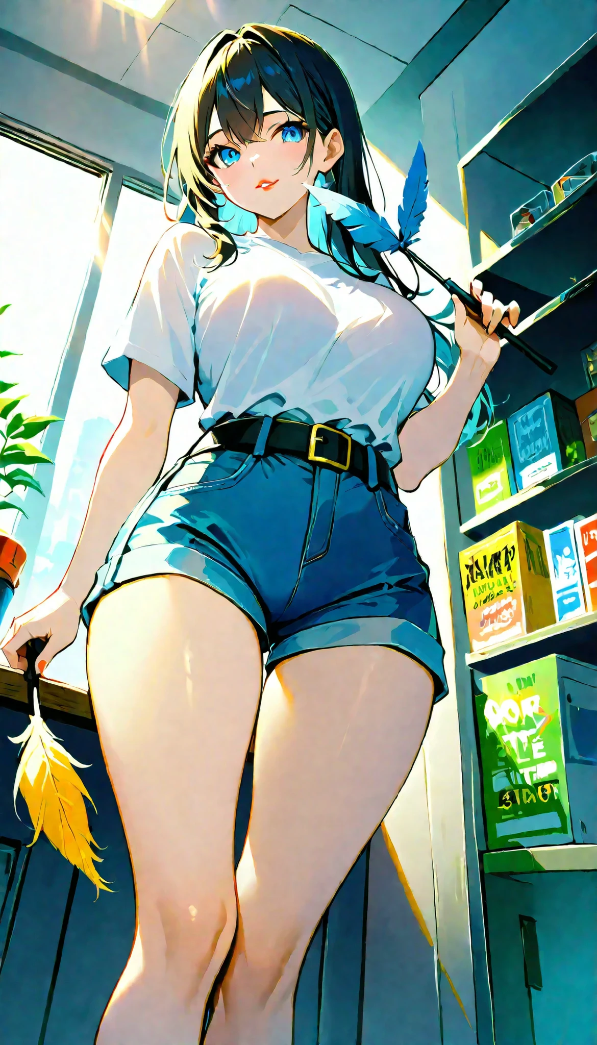 (RAW Photo), Absurdities, (Absurd Resolution)), (Hyperrealism, Photorealism), (Maximum Quality, 16k, Masterpiece, Ultra Detailed) (beautiful girl, 21 years old), (sharp pupil, blue eye), (white hair, dark highlights), (made-up, red lips), (woman wearing tight blue shorts, short-sleeved white t-shirt, black belt), (standing, beautiful perfect legs, holding a round feather duster), (background: shop windows), light rays, volumetric lighting, (Photographic Perspective). «SunPuma S»