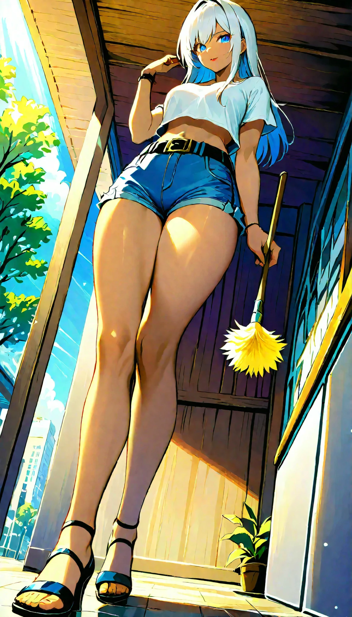 (RAW Photo), Absurdities, (Absurd Resolution)), (Hyperrealism, Photorealism), (Maximum Quality, 16k, Masterpiece, Ultra Detailed) (beautiful girl, 21 years old), (sharp pupil, blue eye), (white hair, dark highlights), (made-up, red lips), (woman wearing tight blue shorts, short-sleeved white t-shirt, black belt), (standing, beautiful perfect legs, holding a round feather duster), (background: shop windows), light rays, volumetric lighting, (Photographic Perspective). «SunPuma S»