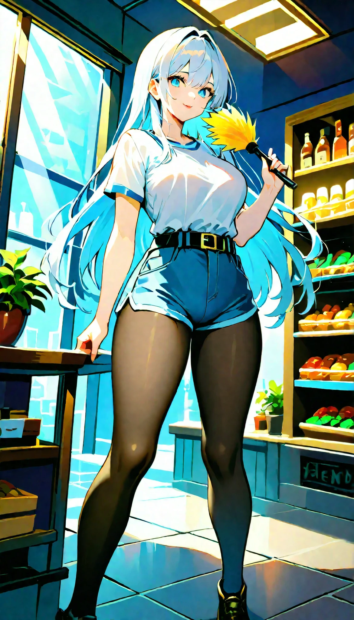 (RAW Photo), Absurdities, (Absurd Resolution)), (Hyperrealism, Photorealism), (Maximum Quality, 16k, Masterpiece, Ultra Detailed) (beautiful girl, 21 years old), (sharp pupil, blue eye), (white hair, dark highlights), (made-up, red lips), (woman wearing tight blue shorts, short-sleeved white t-shirt, black belt), (standing, beautiful perfect legs, holding a round feather duster), (background: shop windows), light rays, volumetric lighting, (Photographic Perspective). «SunPuma S»