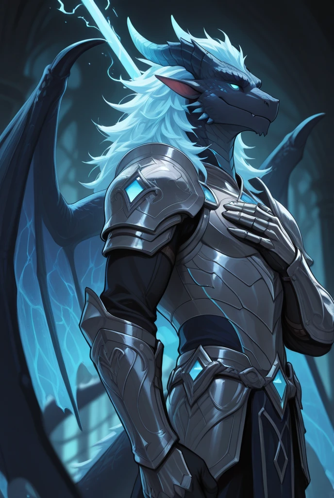 ((middle Ages:1.6，Castle Background:1.4))，((Cruz:1.6))，Sunlight，high resolution，4K，gay，(((whole body:1.1，sideways:1.3)))，masterpiece，high quality，Calm and composed，((dragon))，male，dragonFurry，(teenager:1.3)，hairy，((stable，Handsome face:1.4))，((peaceful))，((Holding a long sword:1.2))，(((Strong:1.4，Long legs:1.3，Thick dragon tail:1.2)))，(((Gray heads:1.2，Golden pupils:1.2，White Neck:1.3，Gray back of hands:1.4，White Skin:1.3)))，(((White Armor:1.3，There is a blue flag on the armor:1.4)))，Mature face，Exquisite eyes，Detailed body，Detailed hands，Detailed feet，Kenket's Art，(Strike a pose:1.3)