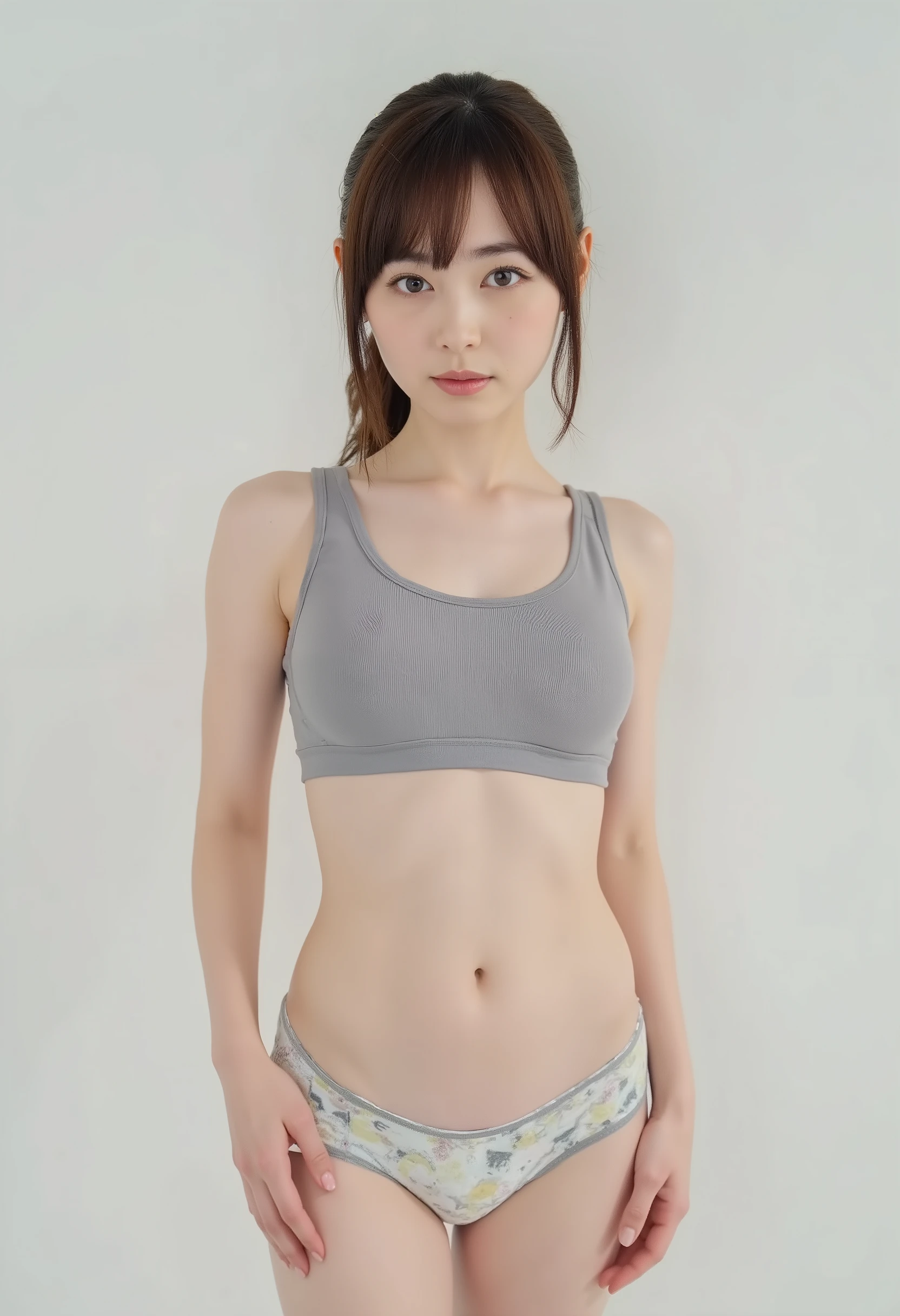fukuhara haruka,(Raw Picture real:1.6) live-action, Picture , top quality,serious expression, , muscular body, ((( delicate figure))), (((thin waist with healthy portrayals))),(((small breasts))), focus on women,, ((Full body view )), (((I only wear a gray thin fabric gym bra and low rise boxer panties with a printed design)))