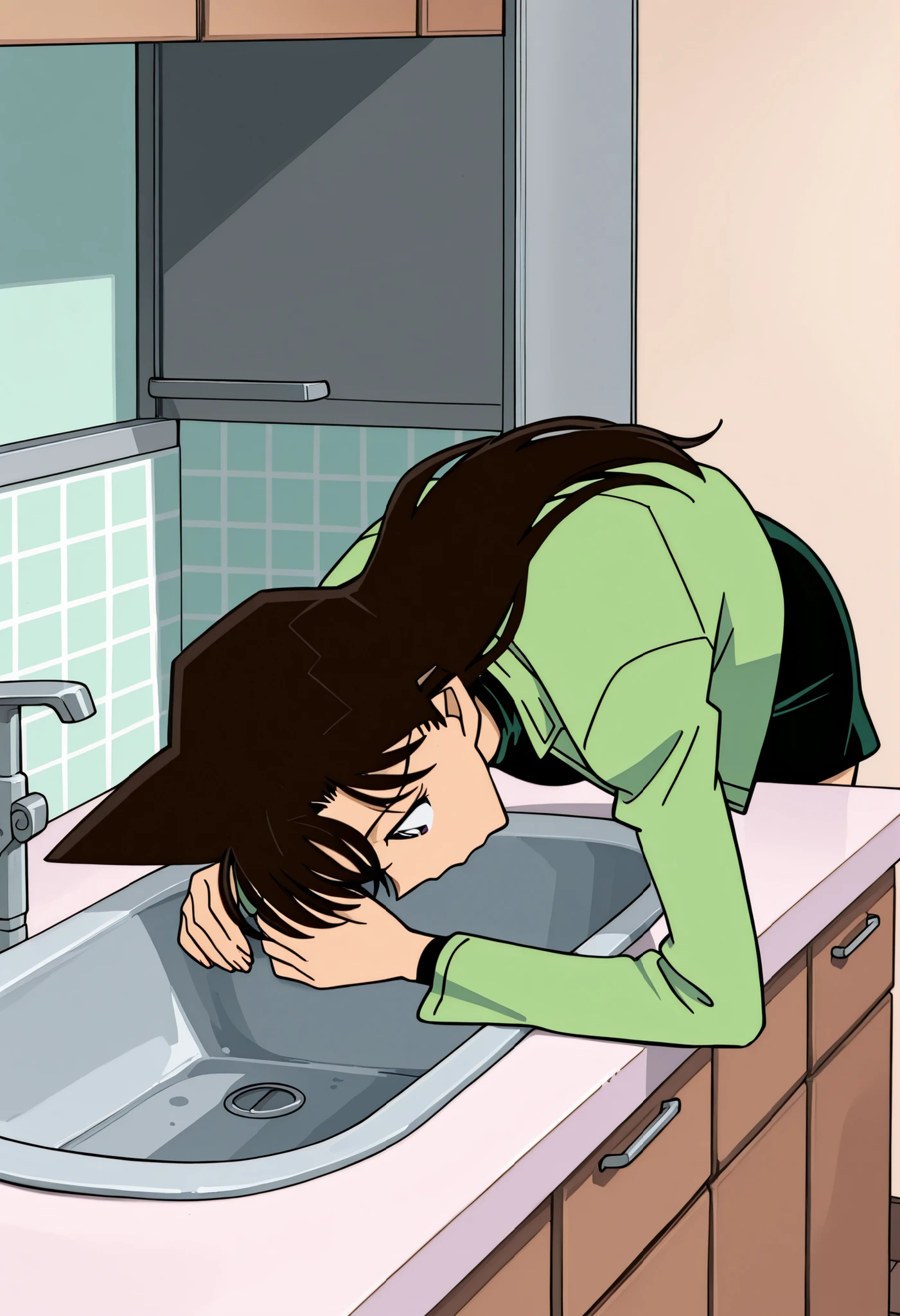 1 girl, Mouri Ran, dark brown hair. Green slim turtleneck style tight dress skirt, green cropped short jacket, kitchen, sink, head in sink, upper body lying face down in sink, thin thighs side view