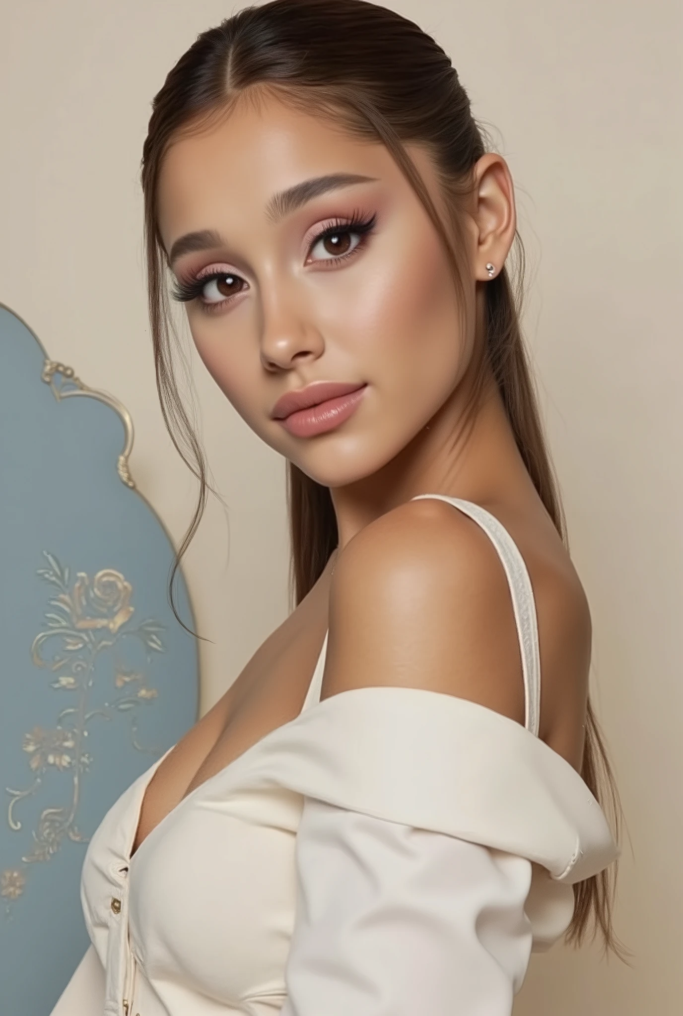 Ariana,Ariana Grande: realistic studio photo of a model like Ariana Grande wearing a collar
GR: ((Fine blue frame with roses around the picture):1.9).
"🌟:ultra high resolution, fotorealistisch, in the style of a classic Studio portraits with soft beauty light and subtle, thin frame with ghotic rose ornaments around the entire picture, large bust"
"🌌:neutraler, light cream studio background, soft Rembrandt light from the top left, barely visible crease, everything focuses on the face and upper body"
"👤 : Ariana (20) in hoher bluse,
Hochsteckfrisur,individual strands of black hair fall softly over one shoulder,
feste , covered firm .
Flawless face with natural makeup
Hyperdetailed brown iris with visible corneal structure
Precise limbal ring with darker pigmentation
Natural eyelashes without clumping
Self-confident direct look at the camera
"🔥:sie steht entspannt, Kopf leicht geneigt, a barely noticeable smile, the mood is timelessly elegant and permeated by calm beauty"