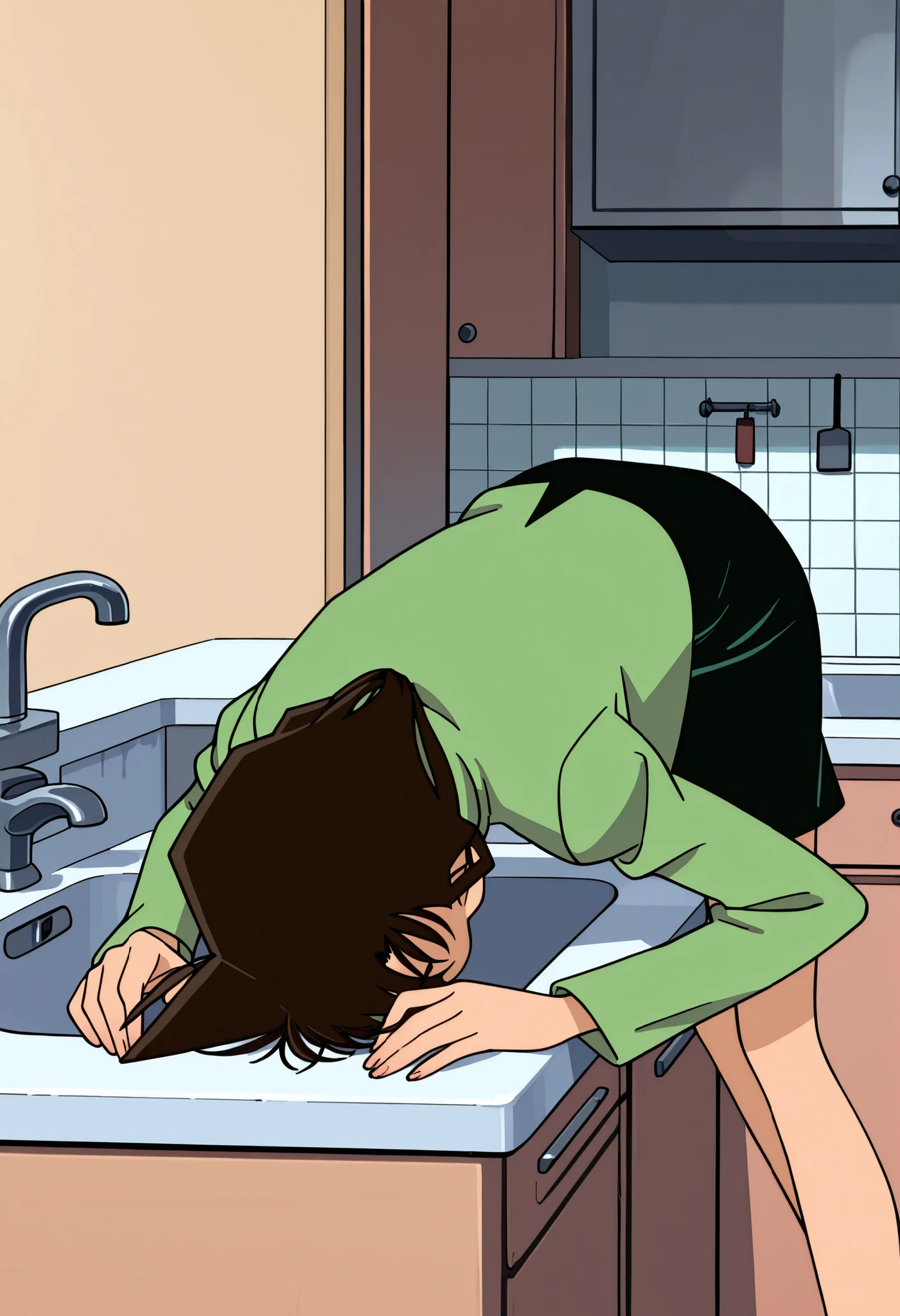 1 girl, Mouri Ran, dark brown hair. Green slim turtleneck style tight dress skirt, green cropped short jacket, kitchen, sink, head in sink, upper body lying face down in sink, thin thighs side view