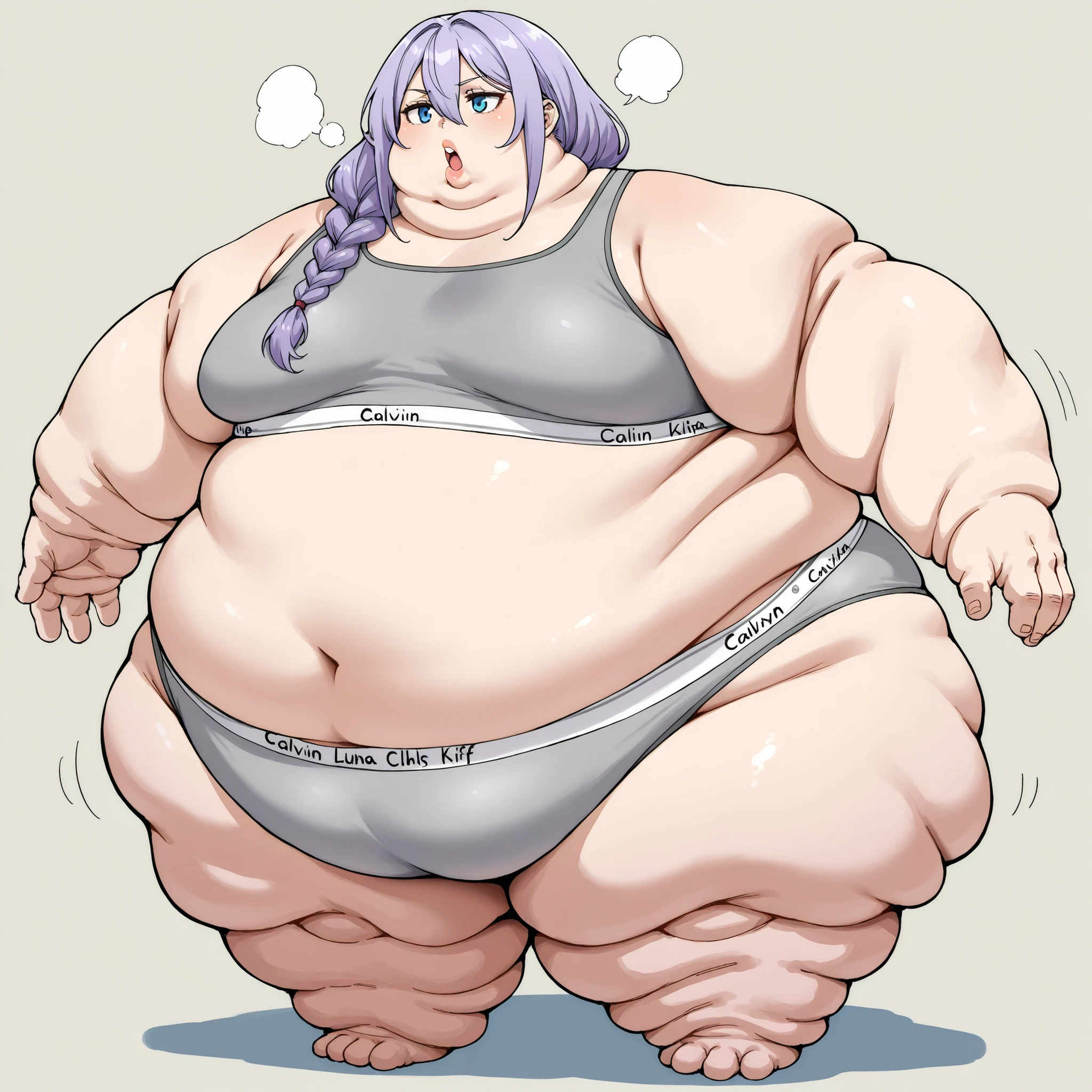 zPDXLxxx, Luna, blue eyes, purple hair, long hair, braid, hair over shoulder, hair between eyes, bangs, small breasts, grey sports bra,spors bra,grey sports panties,sports panties,calvin klein, fat, chubby, obese, fat neck, multiple chins, big breasts open mouth, out of breath, Larger female, full body shot, only head, large head, oversized limbs, large hands, large feet, oversized feet, oversized fingers, big lips, plump lips, fat face, fupa, big fupa, fat fupa, hunchback