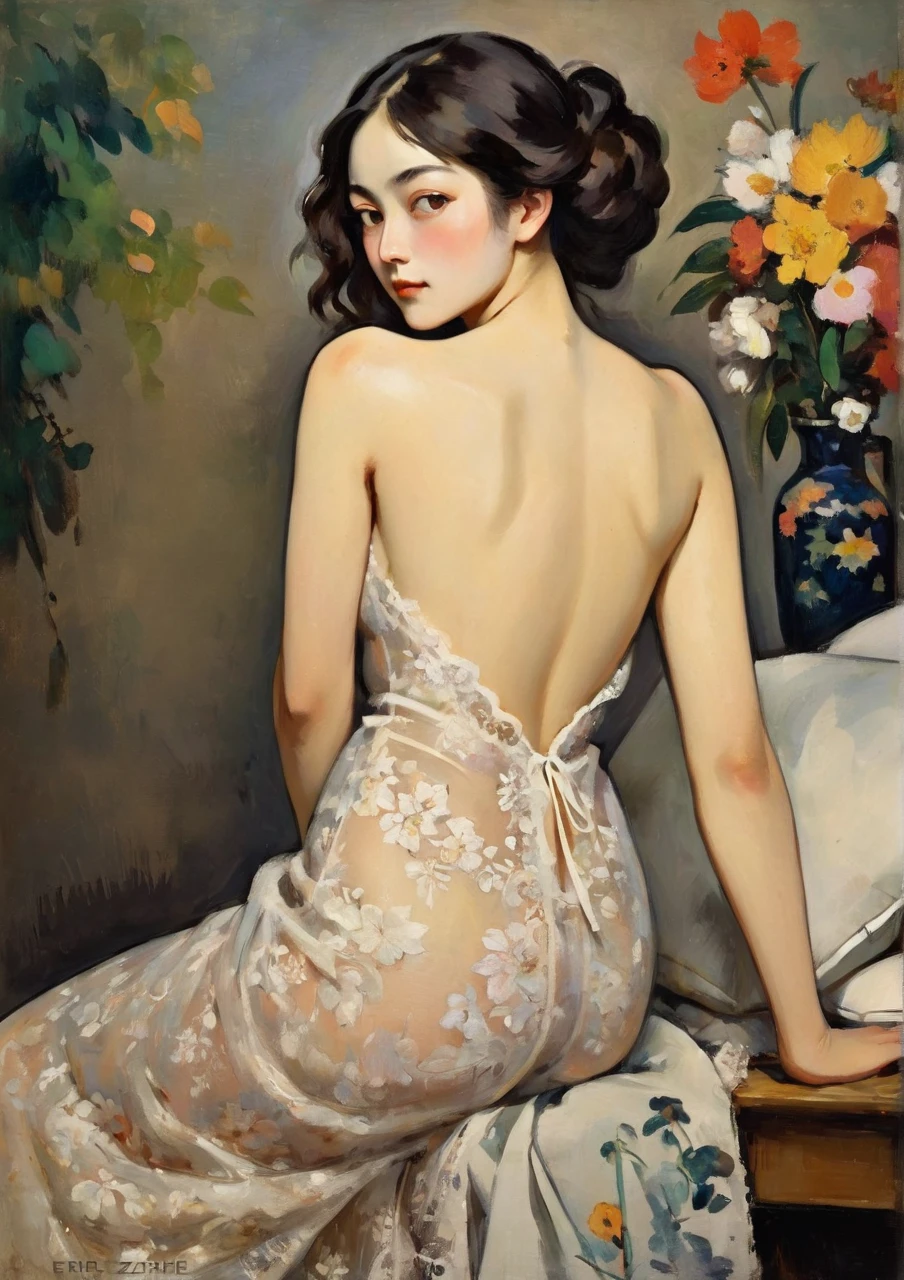 Lawrence Alma-Tadema style, solo lonely  female in ancient roman water pool temple, sitting, buttocks perfect awesome, muse female beautiful perfect curvy body, breasts tiny,  big, bright, fullbody,   white-blue cloth, white sunlight rays, with plants beautiful, face european caucasian sweet cute perfect, super detailed, masterpiece, hq, 4k, high detalisation, , correct , back view. solo