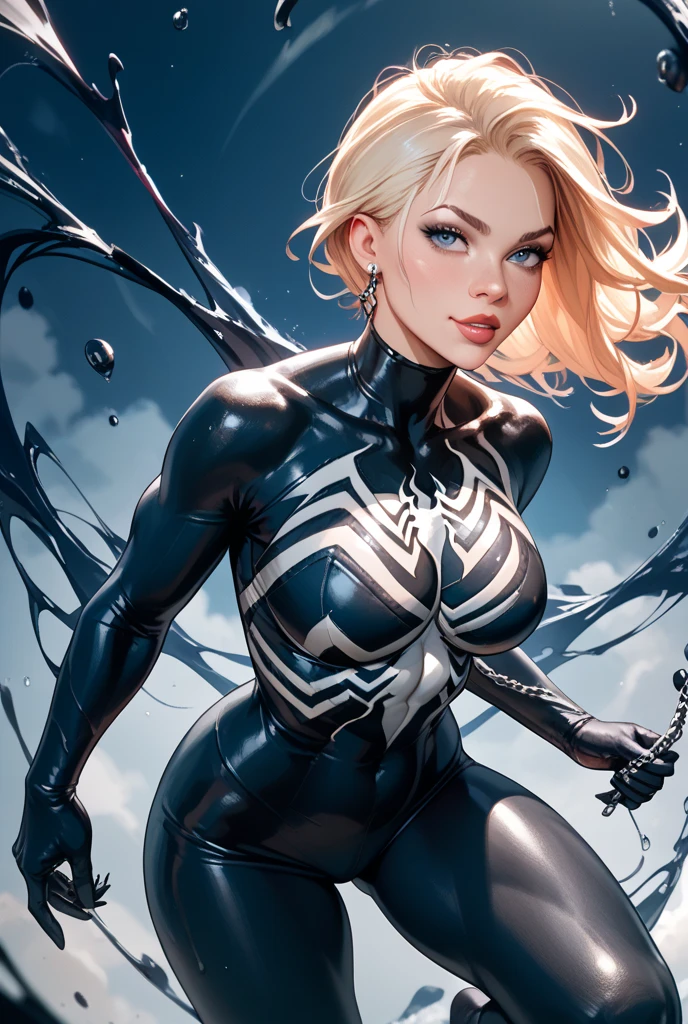 4K，realisticlying，Glamorous，The is very detailed，There is a girl in Dingcheng，White hair，Wearing a black Spider-Man costume，（Black and white：1.4） the night,symbiote，venomize，a large amount of mucus,she is a spiderman，Black superhero theme，In front of the sky，Flushed complexion，( ?????????， ?????????，， Vulvar shape：1.3）,(GGCameltoe:1.3)??????????，25 age old，full bodyesbian